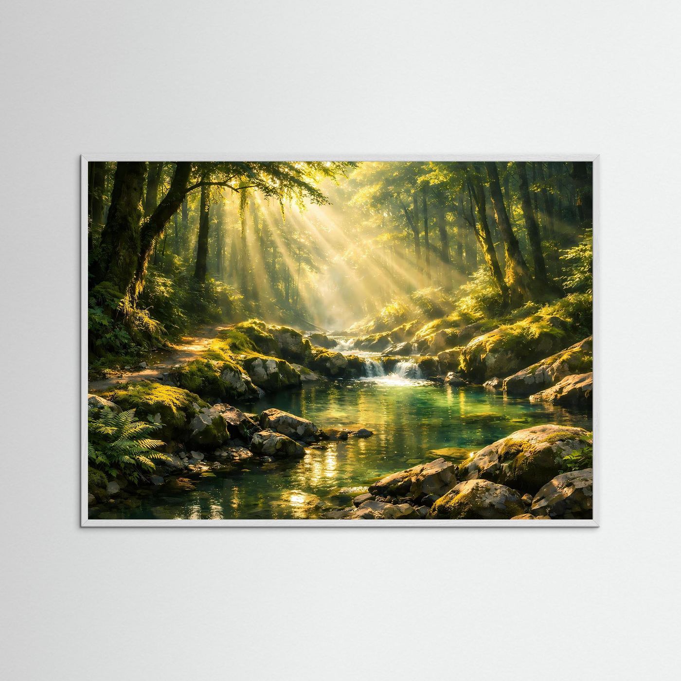 Gerahmtes Wandbild mit Waldbach, beleuchteten Bäumen und Felsen am Ufer
