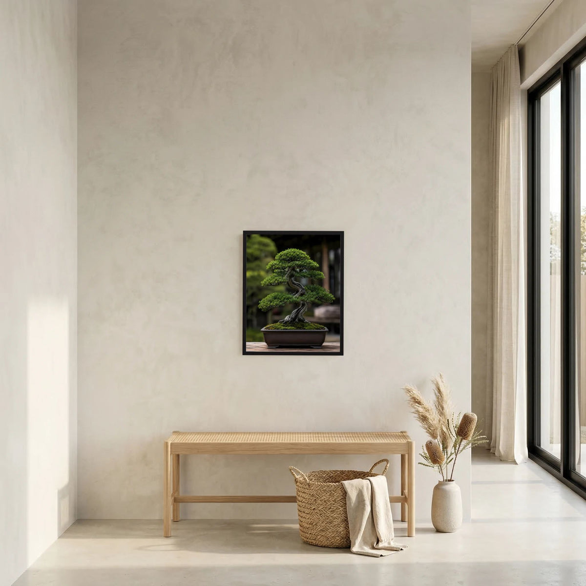 Vertikales Bonsai-Poster mit grünem Baum und Schale, im dunklen Rahmen