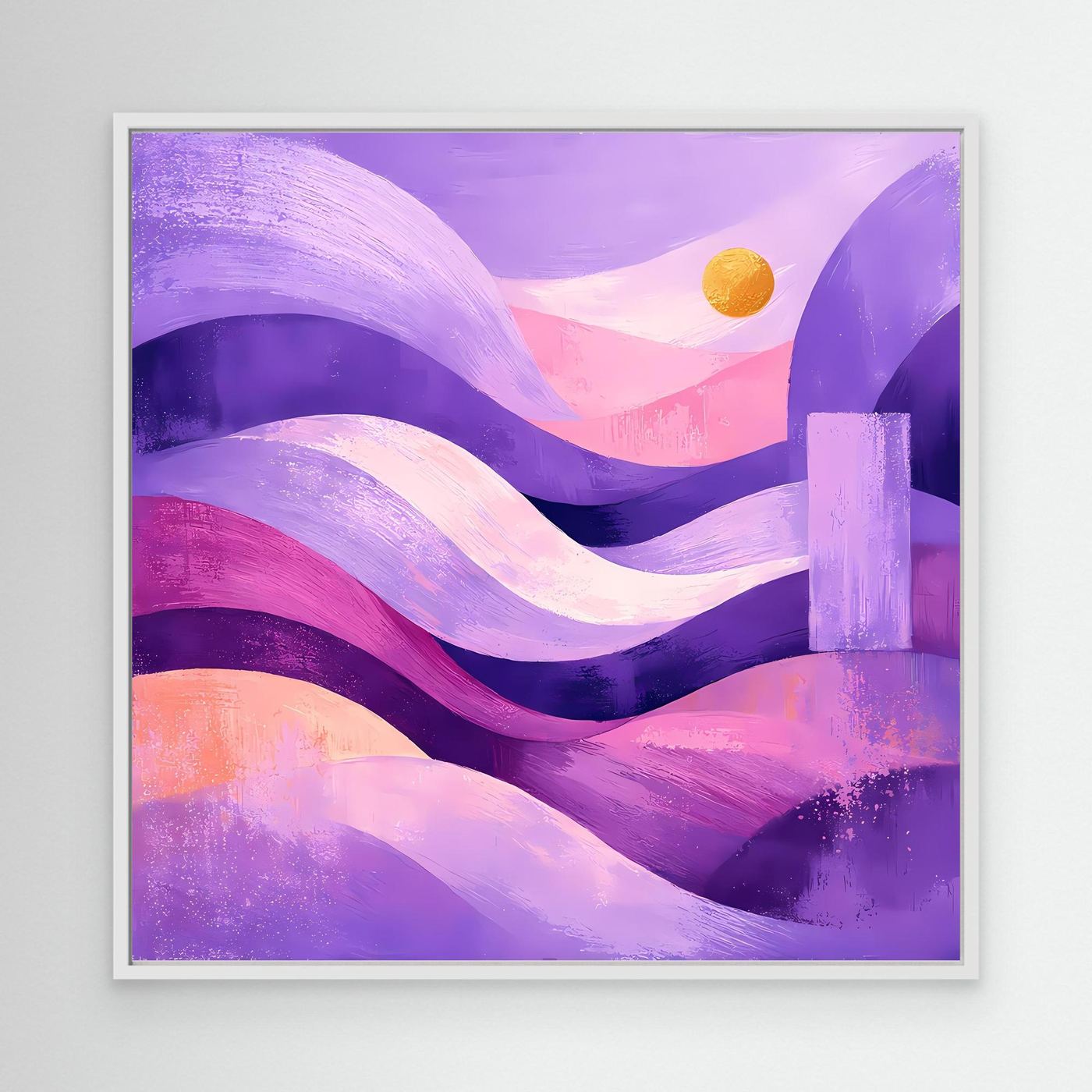 Abstraktes Leinwandbild mit Dünen in Lila und Pink, goldener Kreis, weißer Rahmen