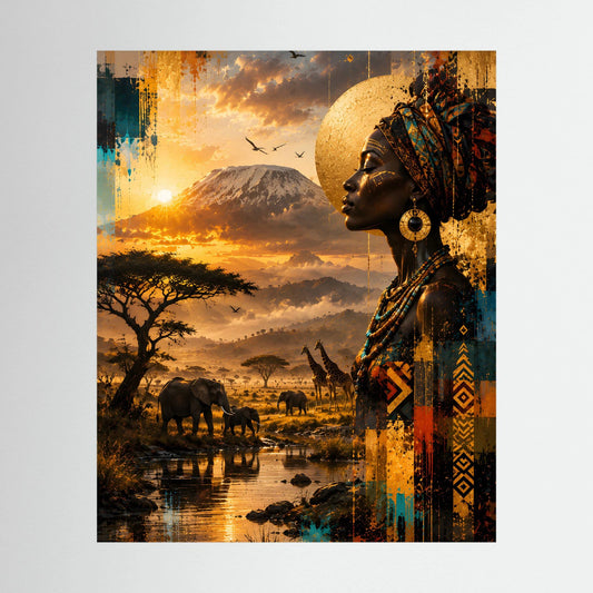 Kunstposter: Afrikanerin im Profil über Savanne mit Elefanten und Sonnenuntergang