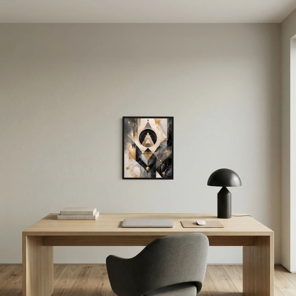 Gerahmtes Kunstposter im Hochformat mit abstrakten geometrischen Formen in Schwarz, Gold und Beige