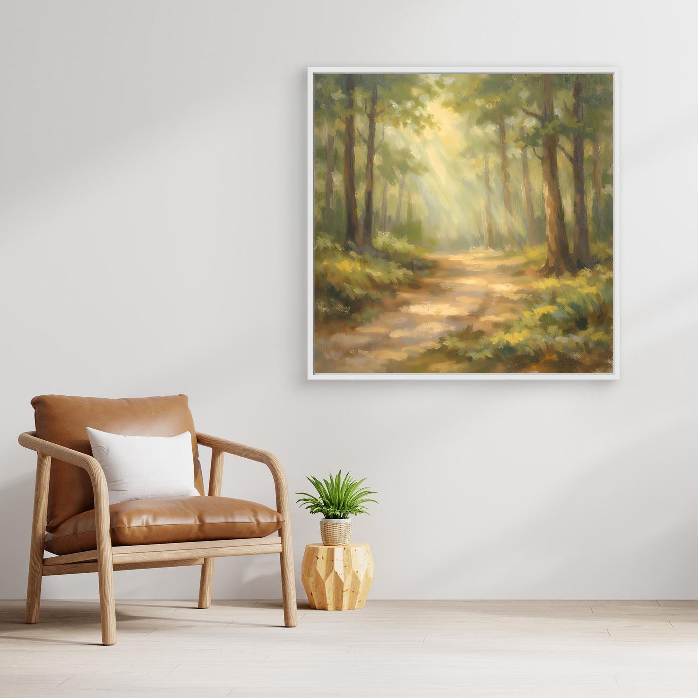 Leinwandbild Waldlandschaft mit Sonnenstrahlen im weißen Rahmen, quadratisch