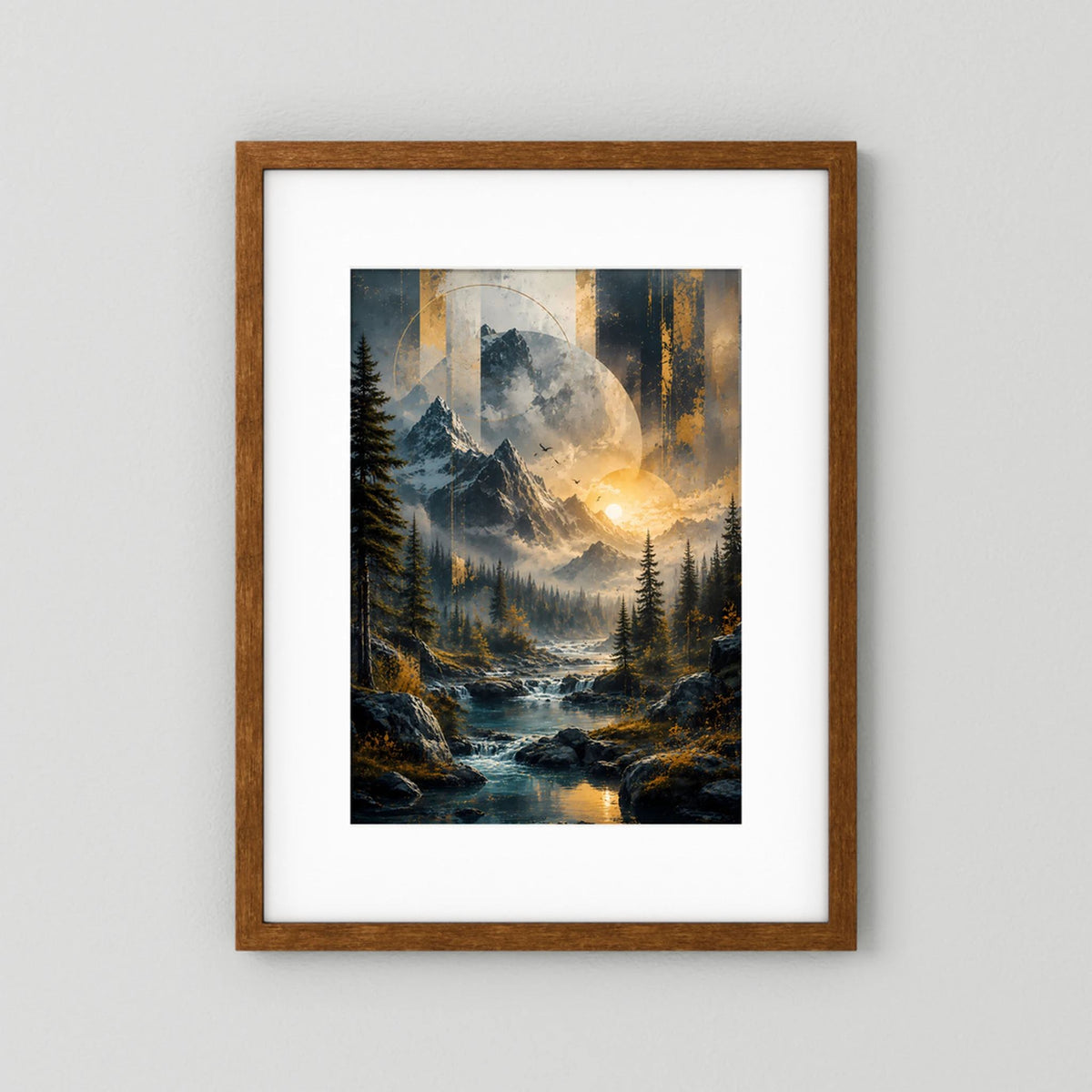 Poster Hochformat mit Berglandschaft, Fluss und goldenem Sonnenaufgang, brauner Holzrahmen