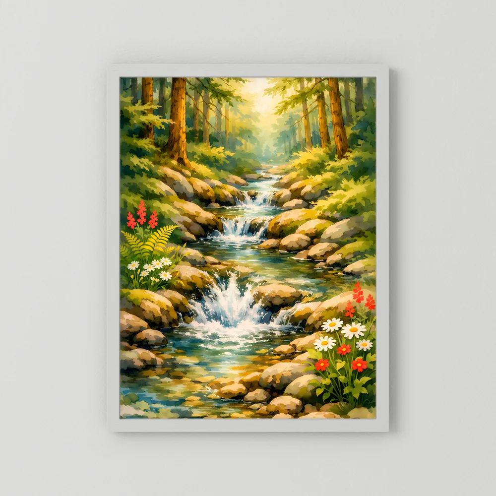 Wasserfall-Wandposter mit Bach durch Wald, Felsen und rote/weiße Blumen, weißer Rahmen