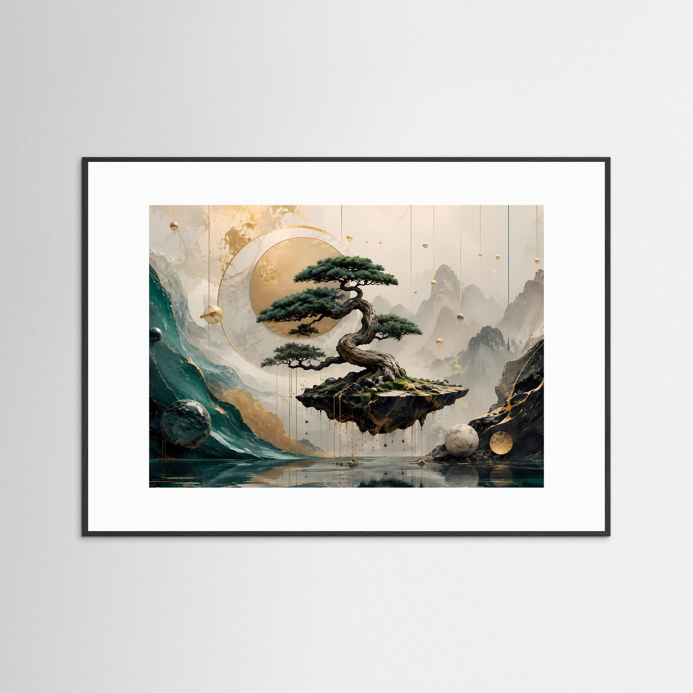 Mystischer Bonsai in Berglandschaft | Abstrakte Zen-Kunst in Gold & Petrol