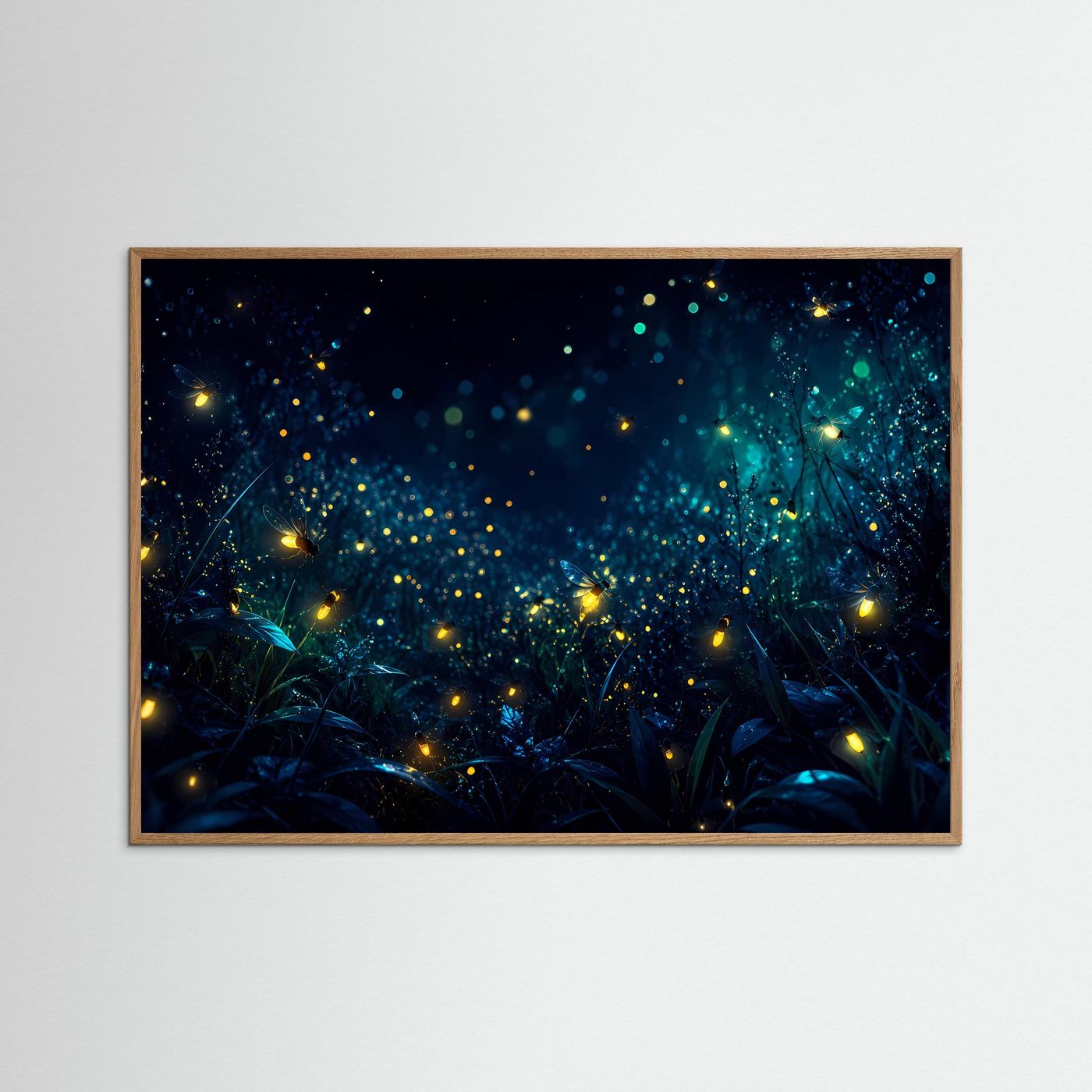 Wandbild mit hellem Holzrahmen: Glühwürmchenwald bei Nacht, dunkles Blau, grünes Leuchten