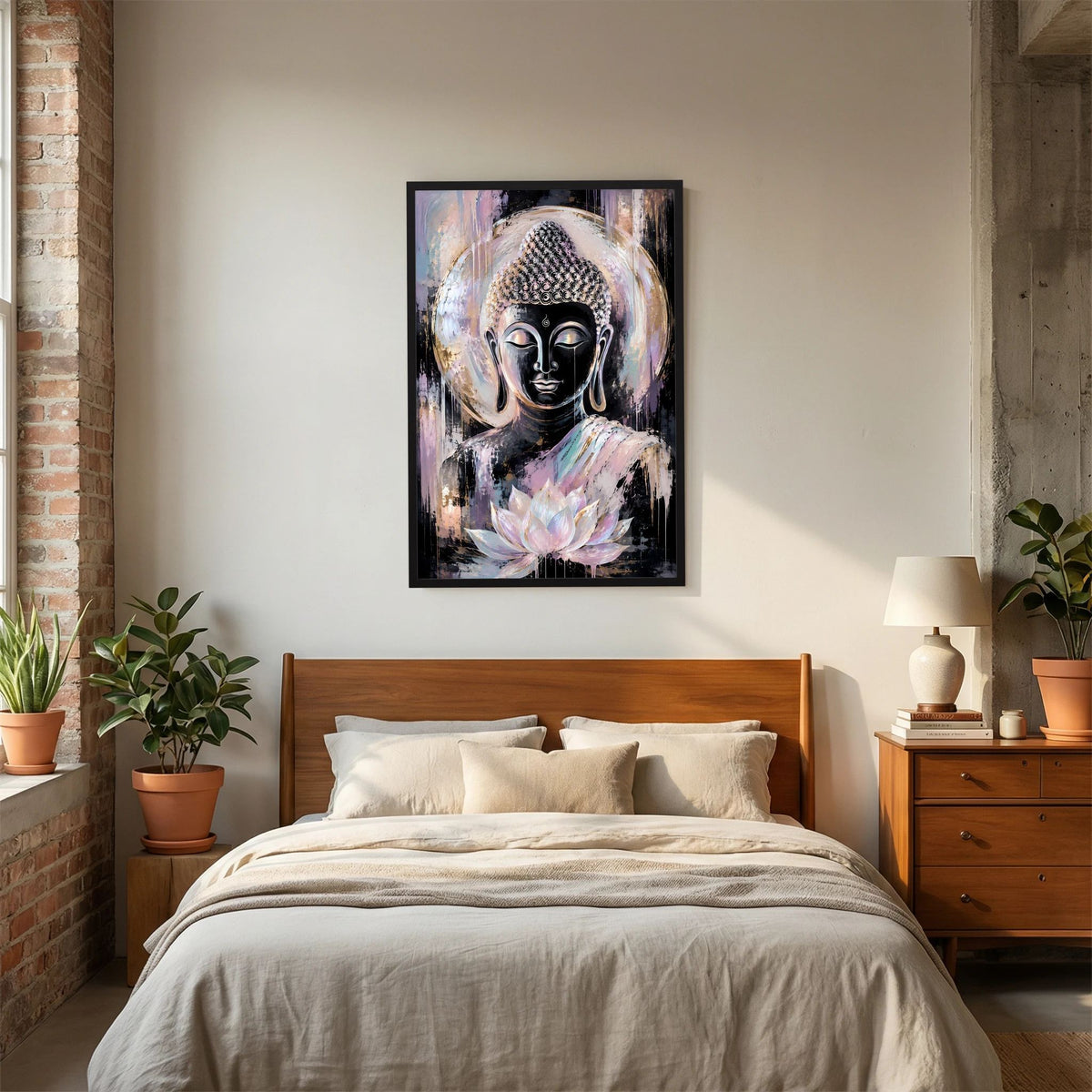 Buddha-Poster im Hochformat mit hellem Holzrahmen und Lotusblüte vor silbrigem Hintergrund