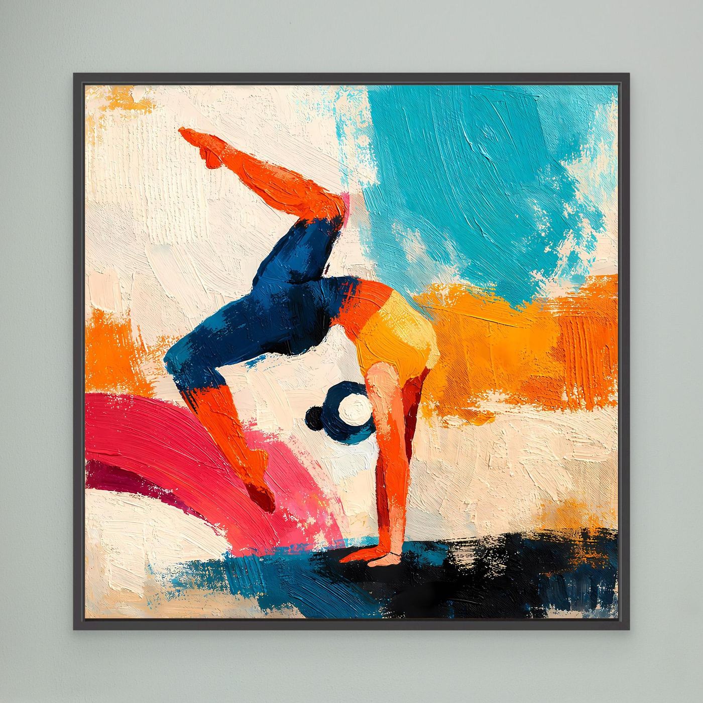 Handstand gymnast wall art canvas with black frame, colorful abstract figure