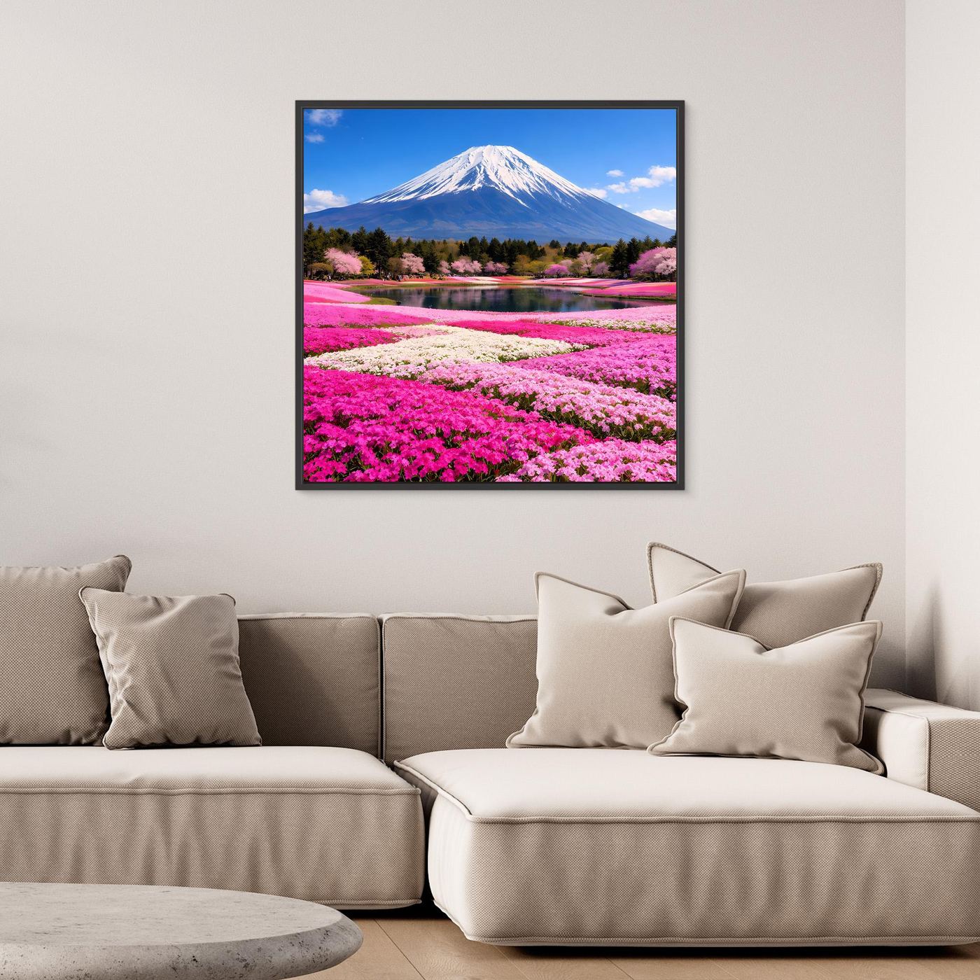 Gerahmtes Leinwandbild mit Fuji und Kirschblütenfeld in Pink, mit Wasser im Vordergrund
