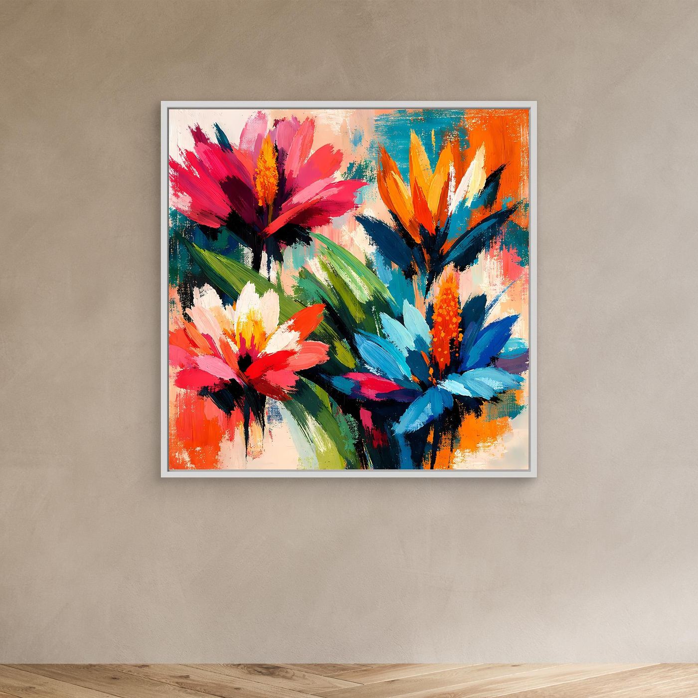 Abstract tropical flower wall art print with colorful blooms in a light frame