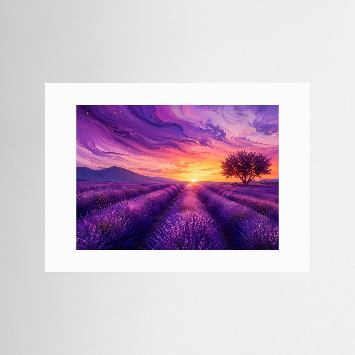 Lavendelfeld im Sonnenuntergang | Abstrakte Provence Landschaft in Lila & Gold – Modernes Poster Querformat