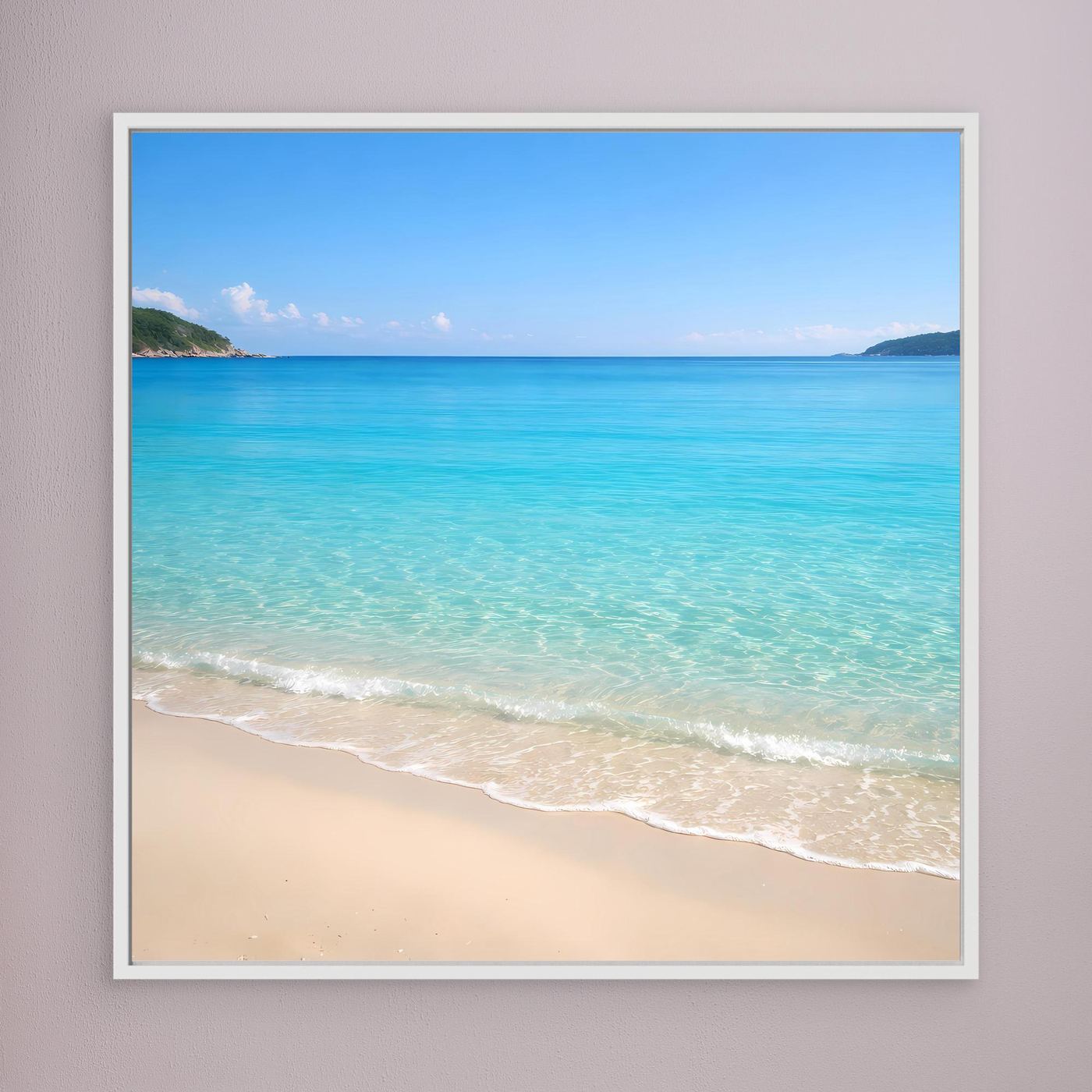Leinwandbild mit tropischem Strandmotiv, türkisblaues Wasser und Sandstrand, schmaler weißer Rahmen