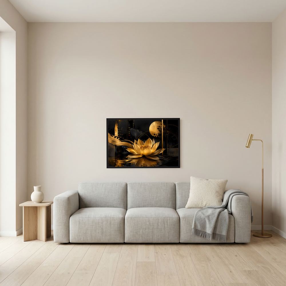 Kleines Querformat-Poster mit goldener Lotusblüte auf schwarzem Grund, schwarzer Rahmen