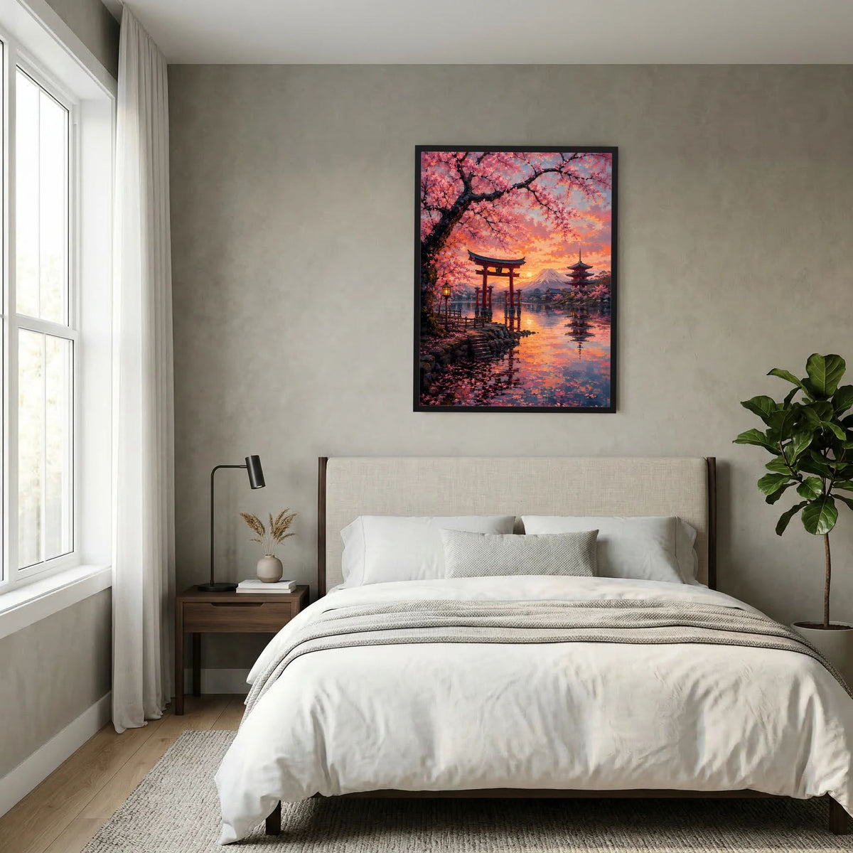 Japanisches Hochformat-Poster mit Torii, Kirschblüten und Fuji im Sonnenuntergang, schwarz gerahmt.