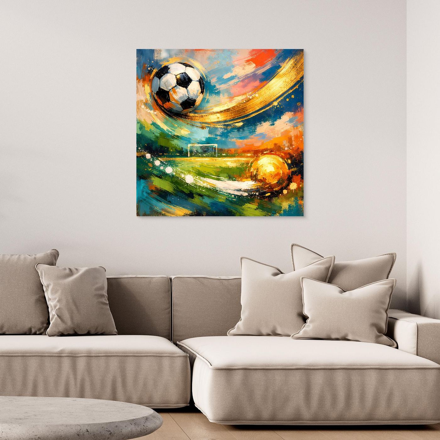 Abstraktes Leinwandbild mit Fußball im Schwung, bunte Pinselstriche und dynamischer Farbenmix