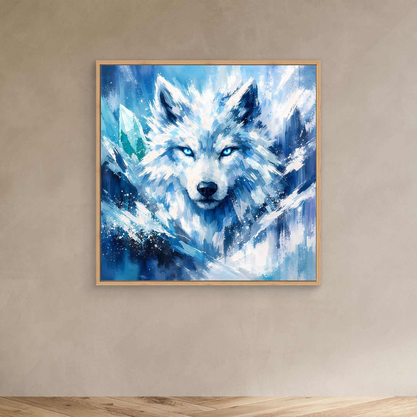 Leinwandbild mit Eiswolf-Motiv im Schneesturm, blau-weiß, Eichenrahmen an der Wand