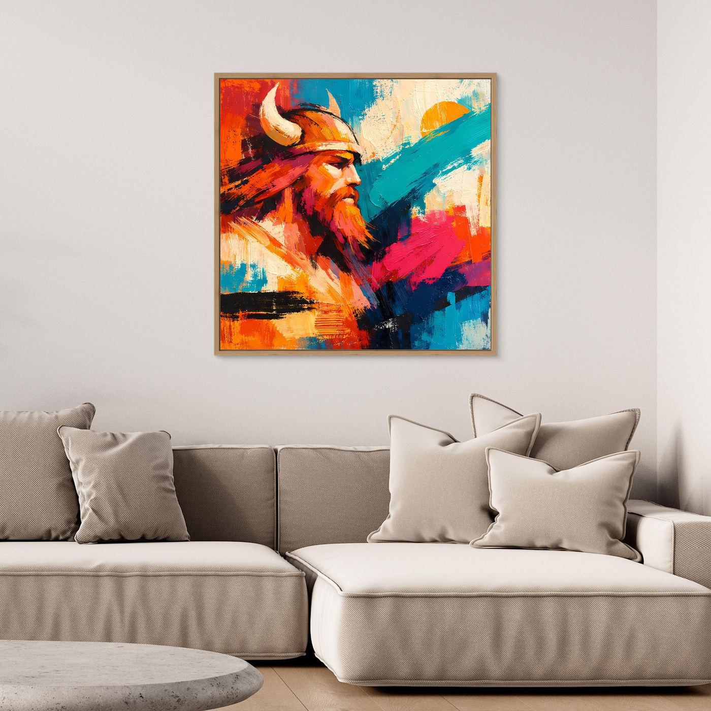 Buntes Leinwand-Wandbild mit Wikingerprofil im abstrakten Stil, brauner Holzrahmen