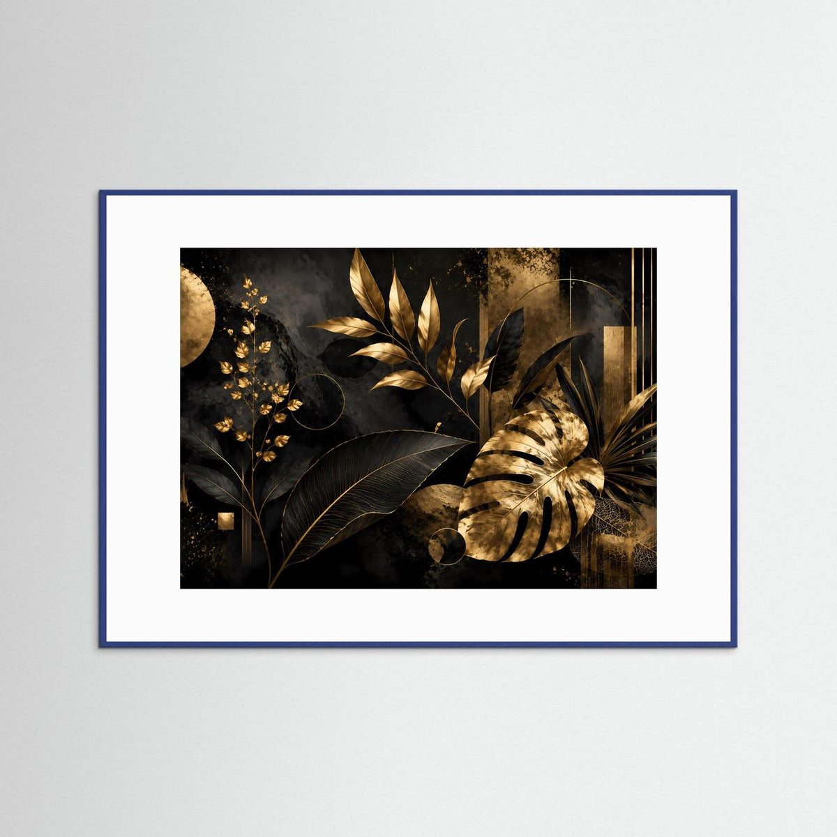 Poster (Querformat) mit Monstera-Blättern in Gold auf dunklem Hintergrund, blauer Rahmen