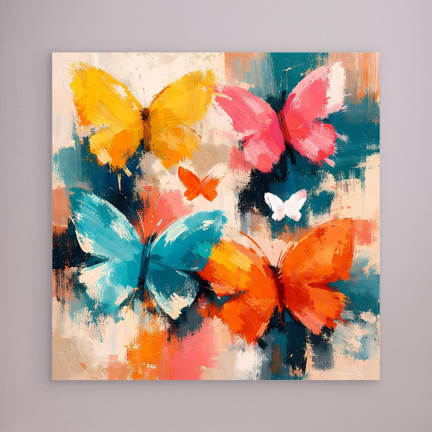 Leinwand Farbenfrohe Schmetterlinge im Flug | Abstraktes Natur & Frühling Wandbild