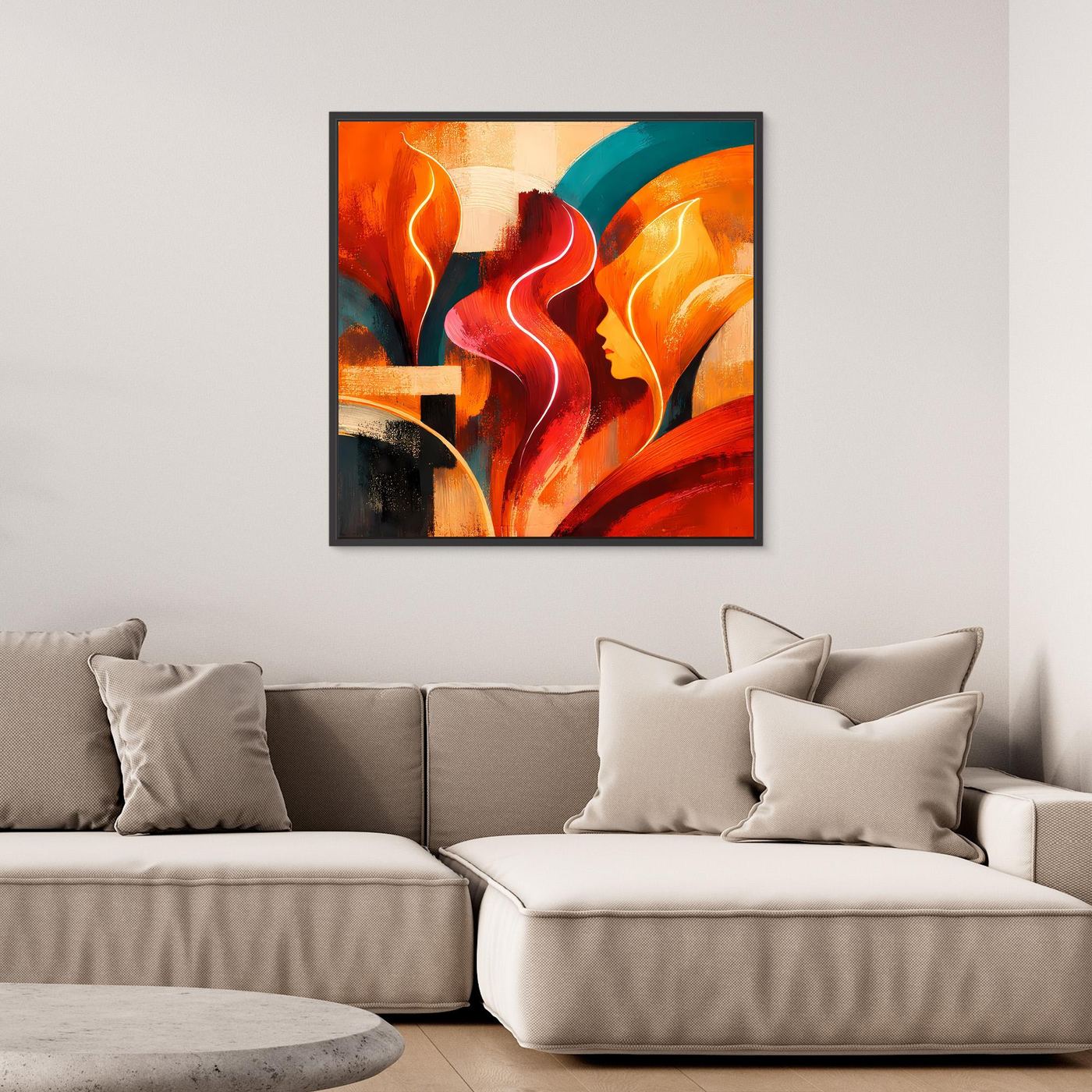 Abstraktes Leinwand-Wandbild mit Farbverlauf aus Rot, Orange und Blau im dunklen Rahmen