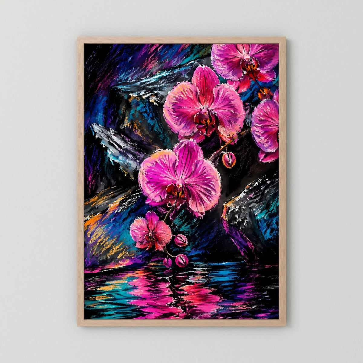 Abstraktes Orchideen-Poster mit pinken Blüten, Holzrahmen in Naturton.