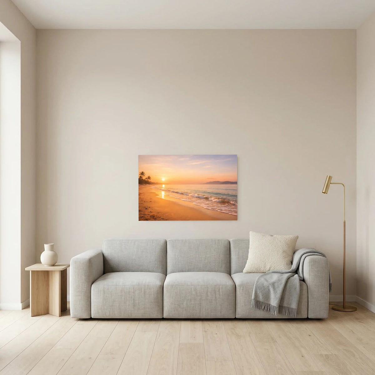 Wandbild Querformat mit Strand-Sonnenuntergang, goldener Reflexion auf dem Wasser
