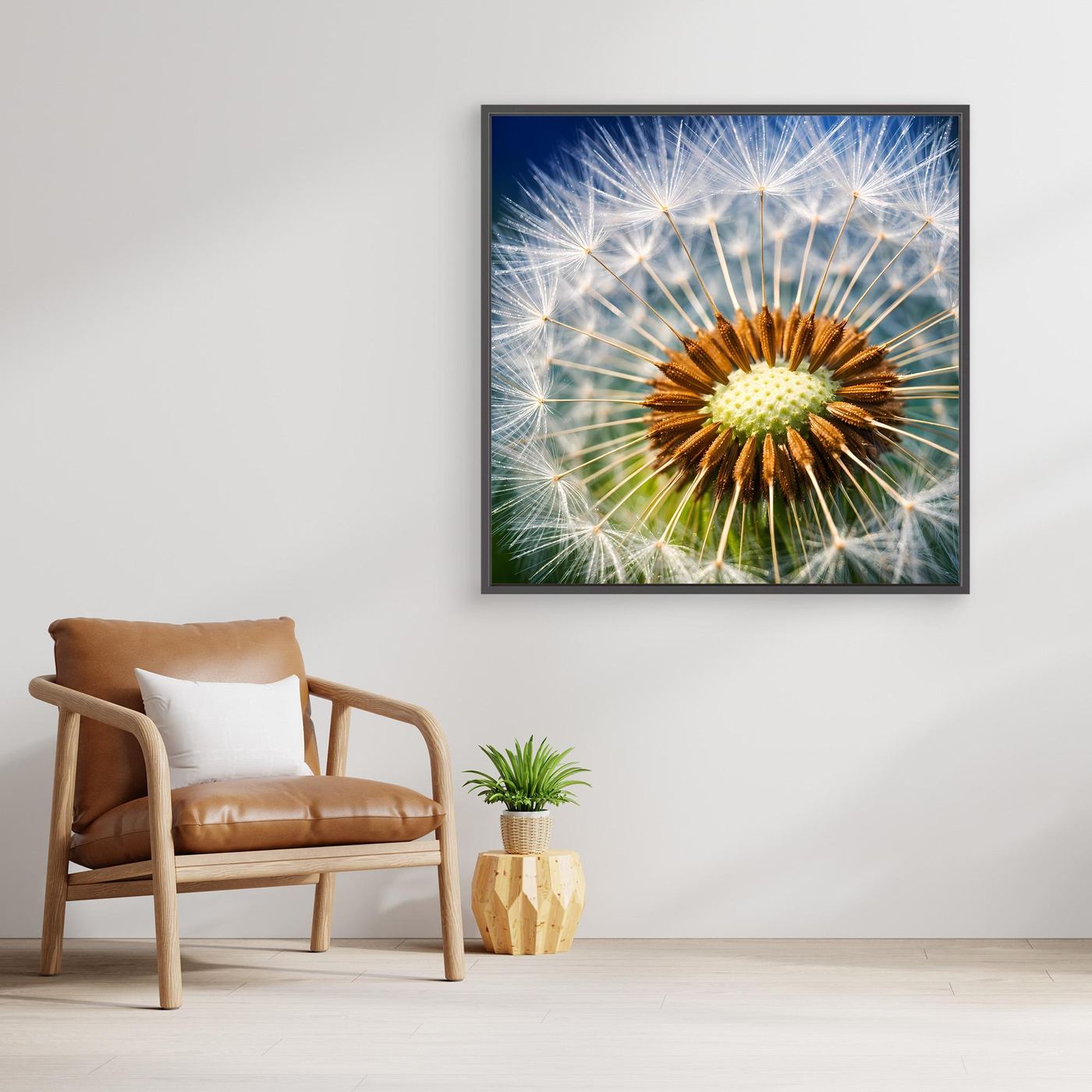 Gerahmtes Leinwandbild mit Pusteblume-Makro, braunes Zentrum, weiße Fäden auf Blau