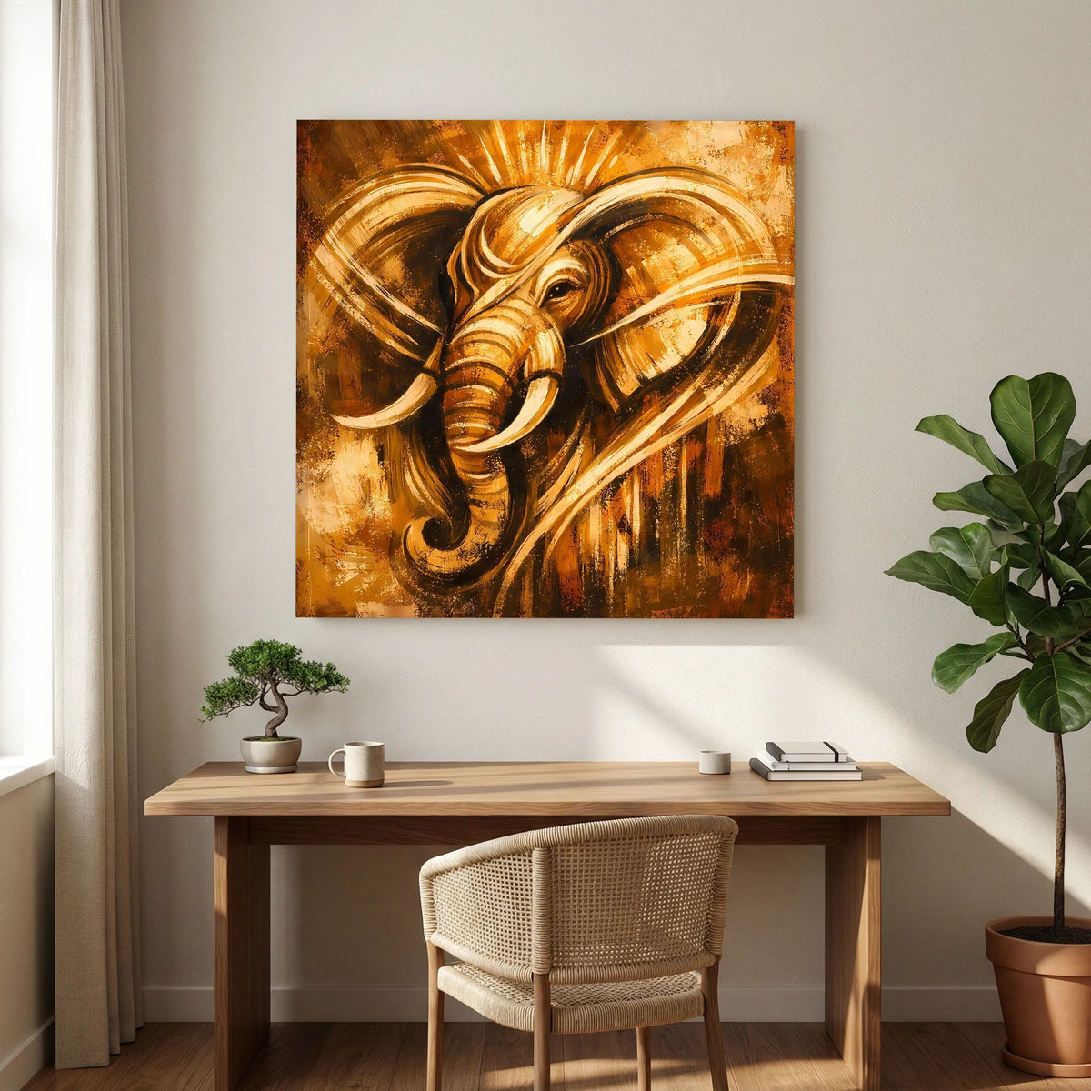 Abstraktes Leinwand-Wandbild mit Elefantengesicht im Ganesha-Stil, goldene und dunkle Farbfelder