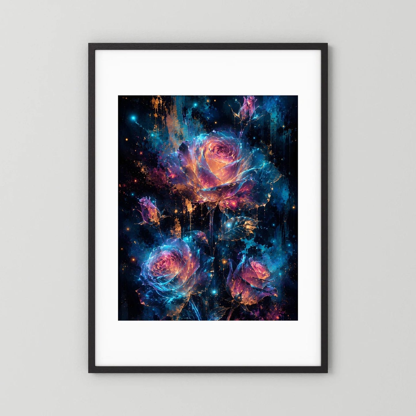 Wandbild mit Rosenmotiv in Blau, Pink und Gold, schwarzer Rahmen und weißes Passepartout