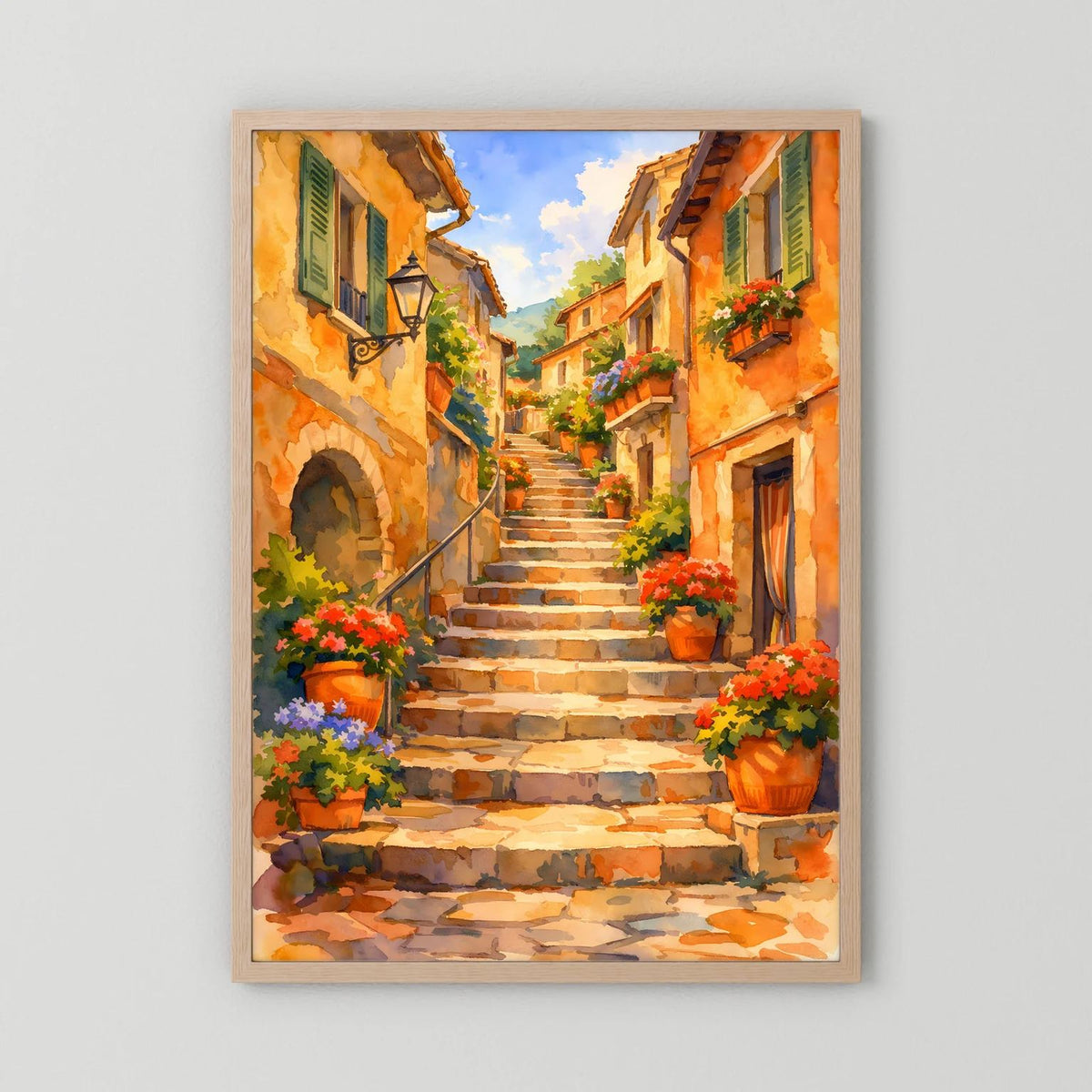 Wandbild mit hellem Holzrahmen und mediterraner Treppe mit Blumentöpfen