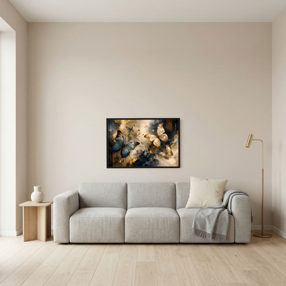 Kleines Querformat-Poster mit Schmetterlingen in Blau, Creme und Gold im schwarzen Rahmen