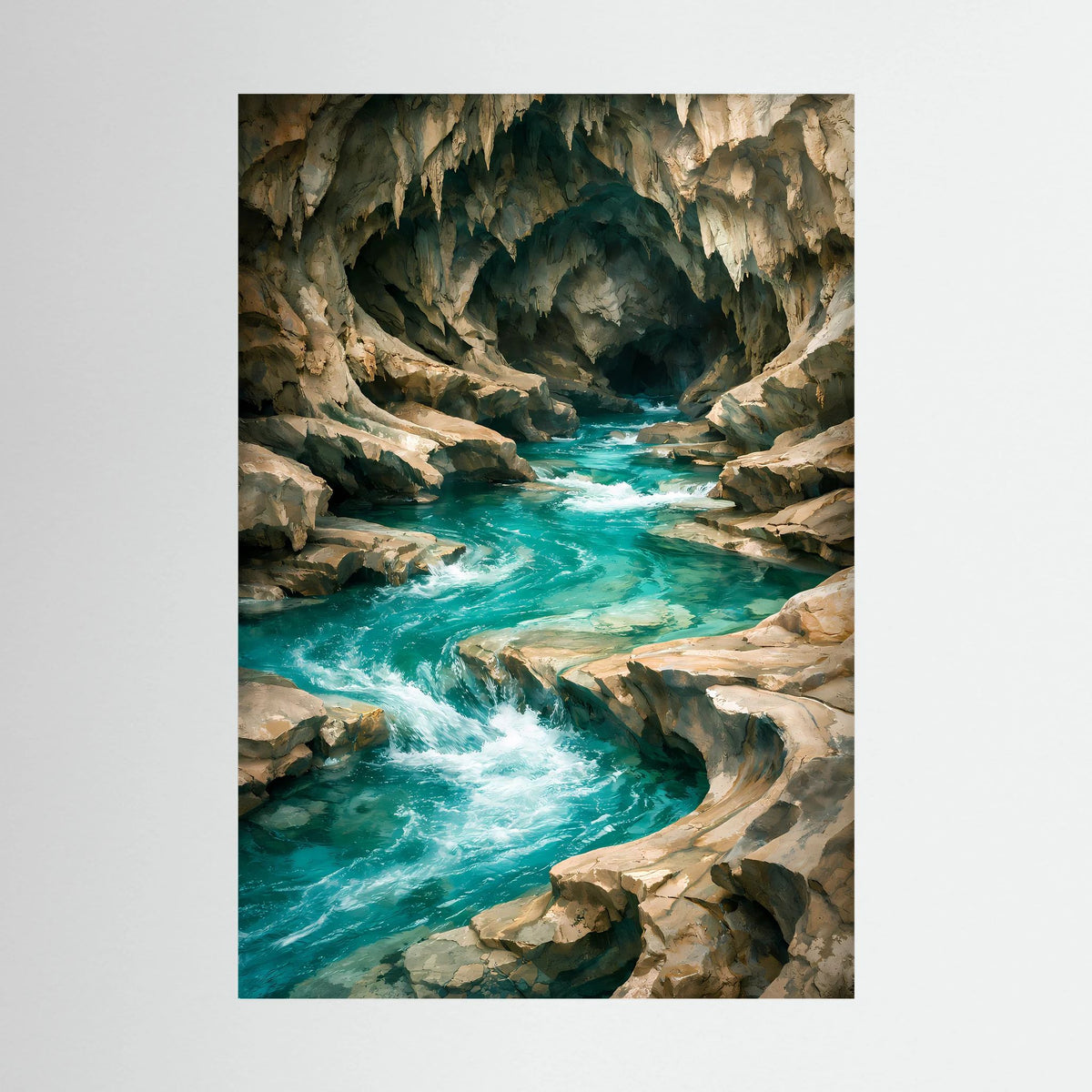 Kunstposter Hochformat: türkisfarbene Höhlenquelle mit Felswegen und kristallklarem Wasser.