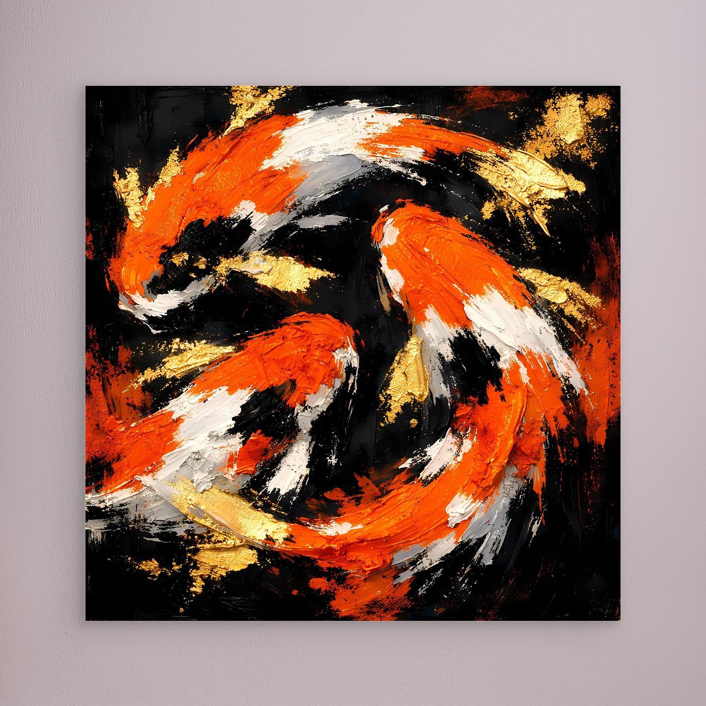 Leinwand Dynamische Koi-Karpfen | Abstraktes Yin Yang Wandbild Gold Orange