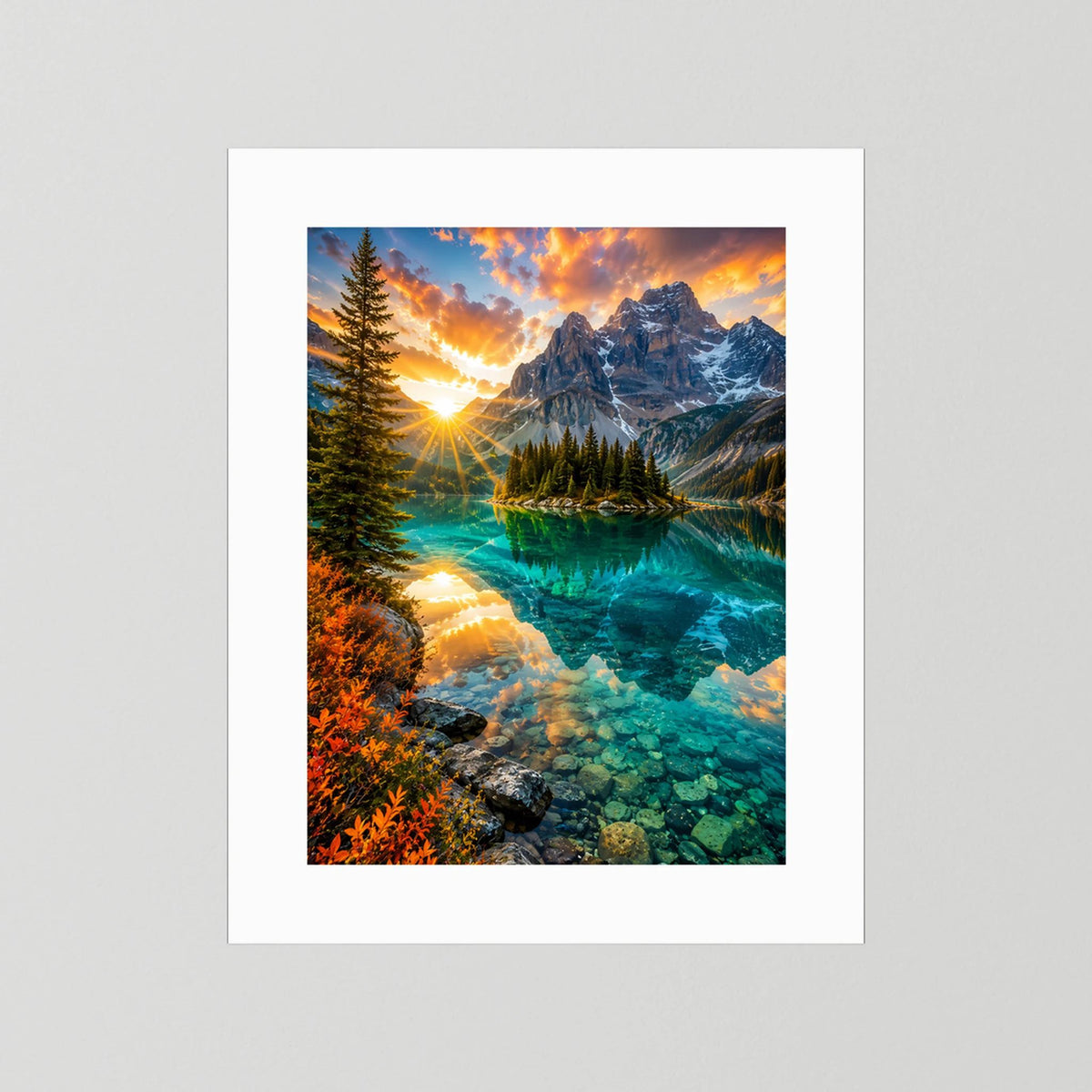 Türkiser Bergsee bei Sonnenuntergang | Majestätische Berglandschaft mit Spiegelung | Poster Hochformat