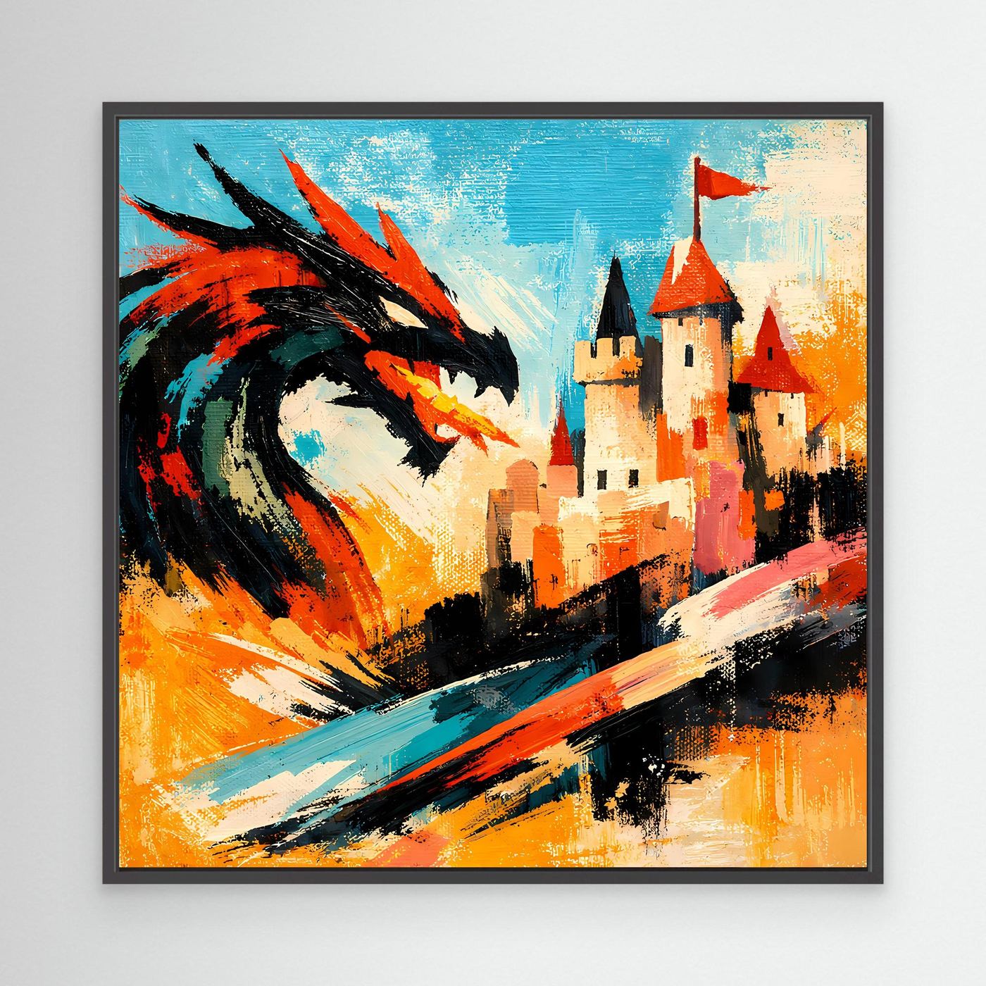Leinwand Mythischer Drache vor dem Königsschloss | Abstraktes Fantasy Wandbild