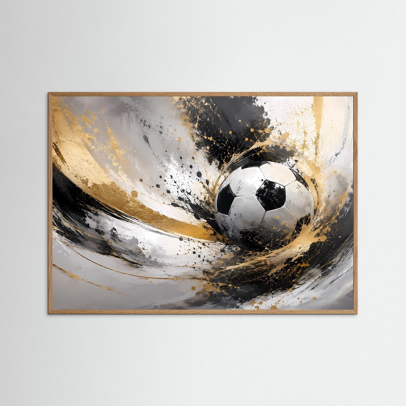 Gerahmtes Fußballkunst-Poster (heller Holzrahmen) mit schwarzem Ball und gold-schwarzen Effekten