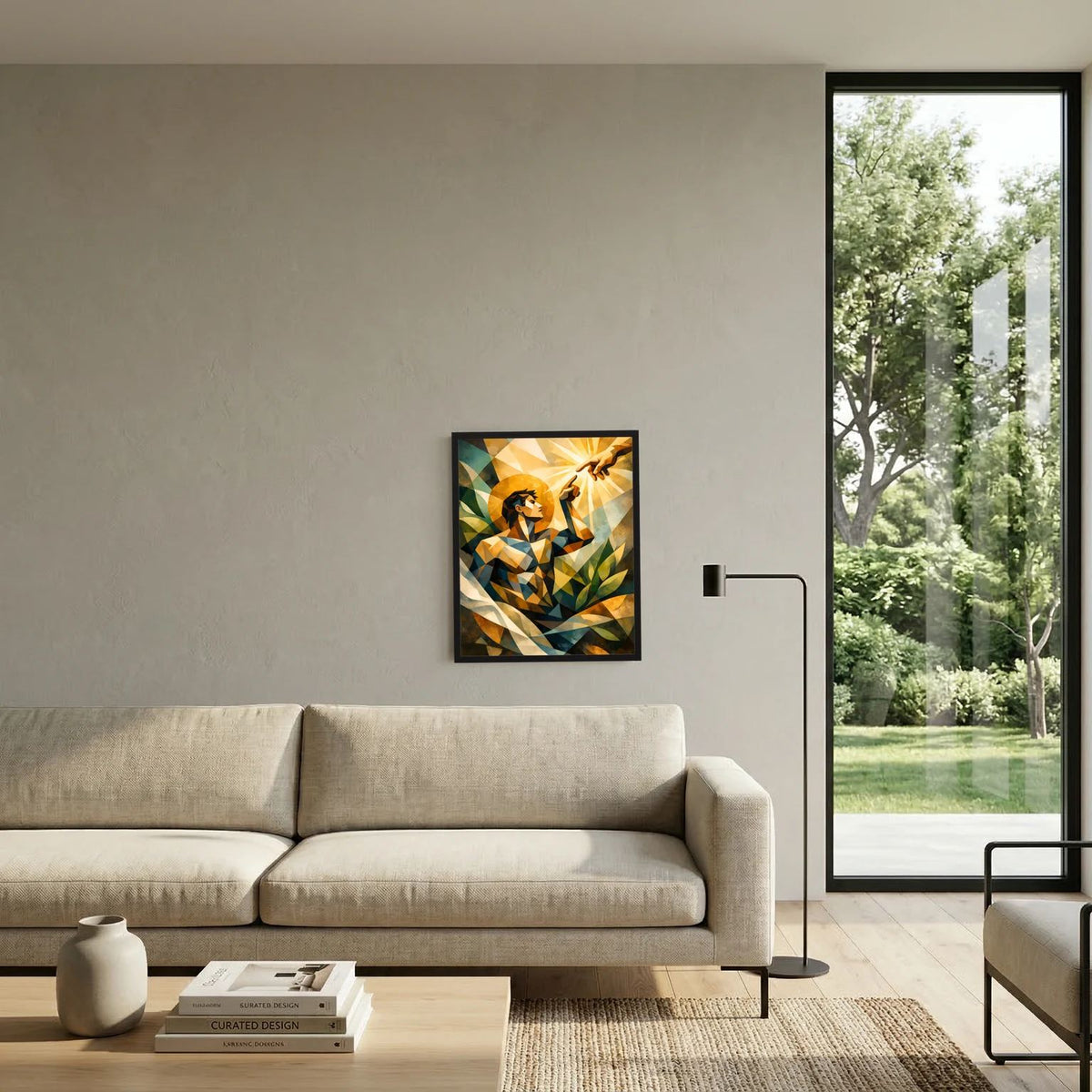 Quadratisches Wandbild im dunklen Rahmen mit geometrischem Engel und goldenen Lichtstrahlen