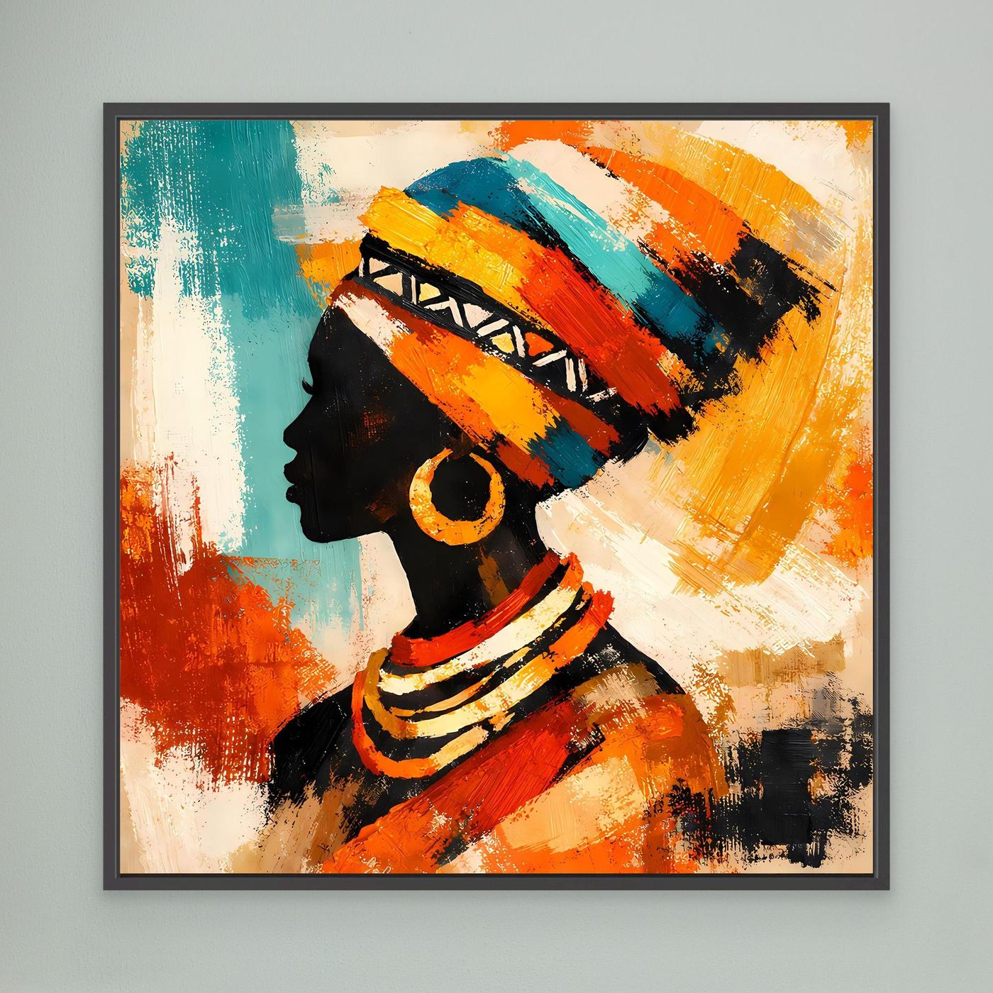 Black-framed abstract canvas wall art showing a woman profile silhouette with colorful headwrap