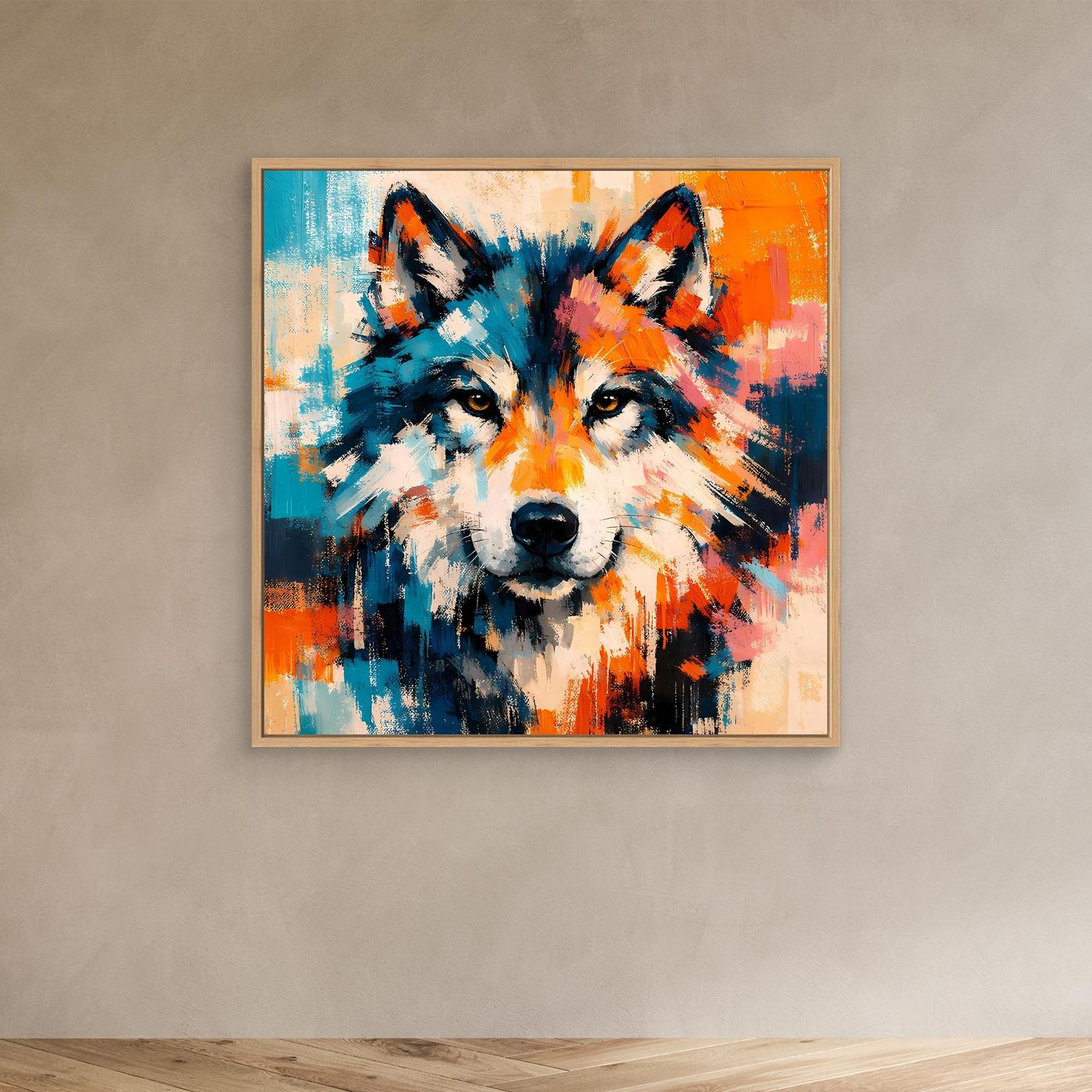 Abstract wolf canvas wall art with blue and orange brushstrokes, light wood frame