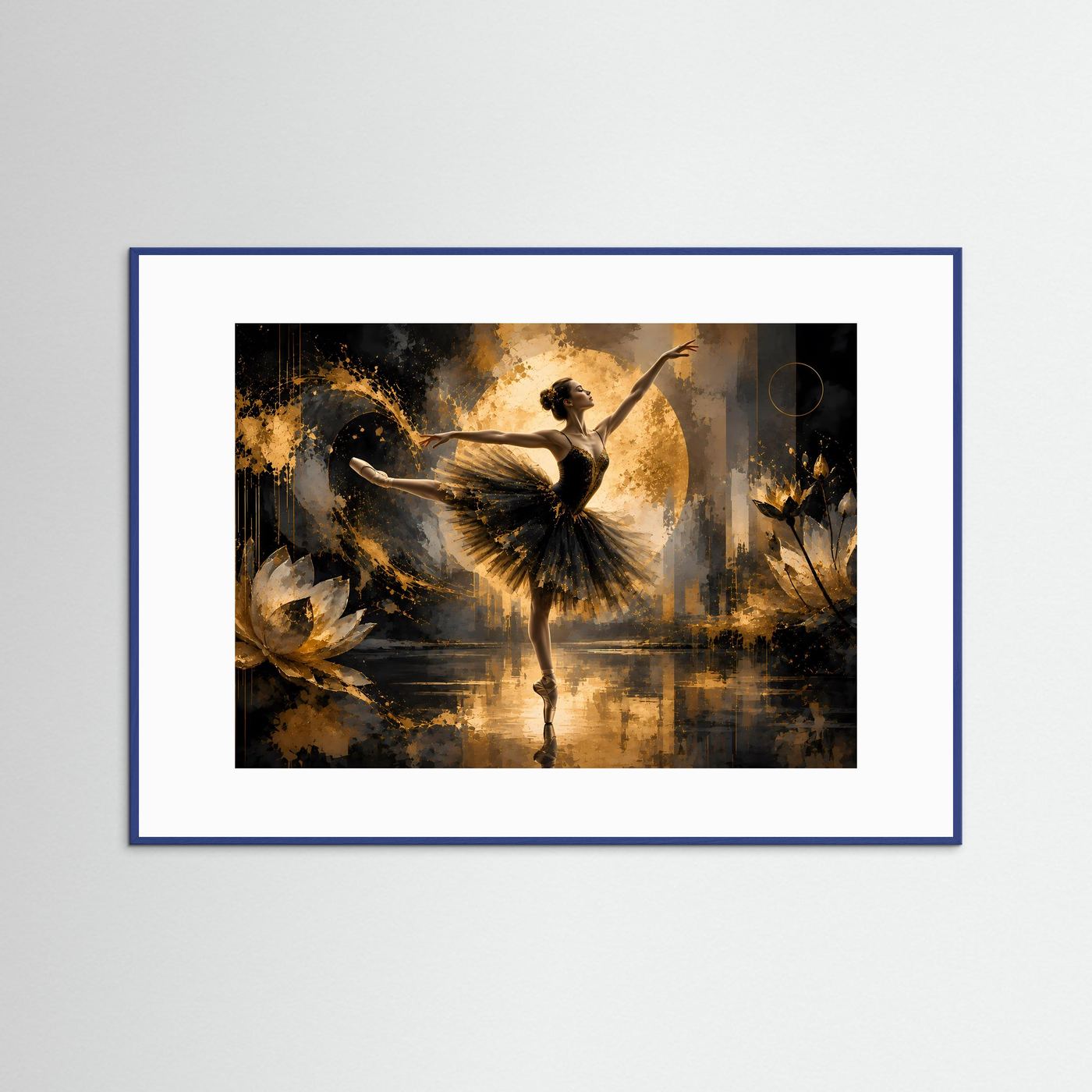 Gerahmter Poster-Druck mit Ballerina in Schwarz und Gold, blaues Rahmenprofil