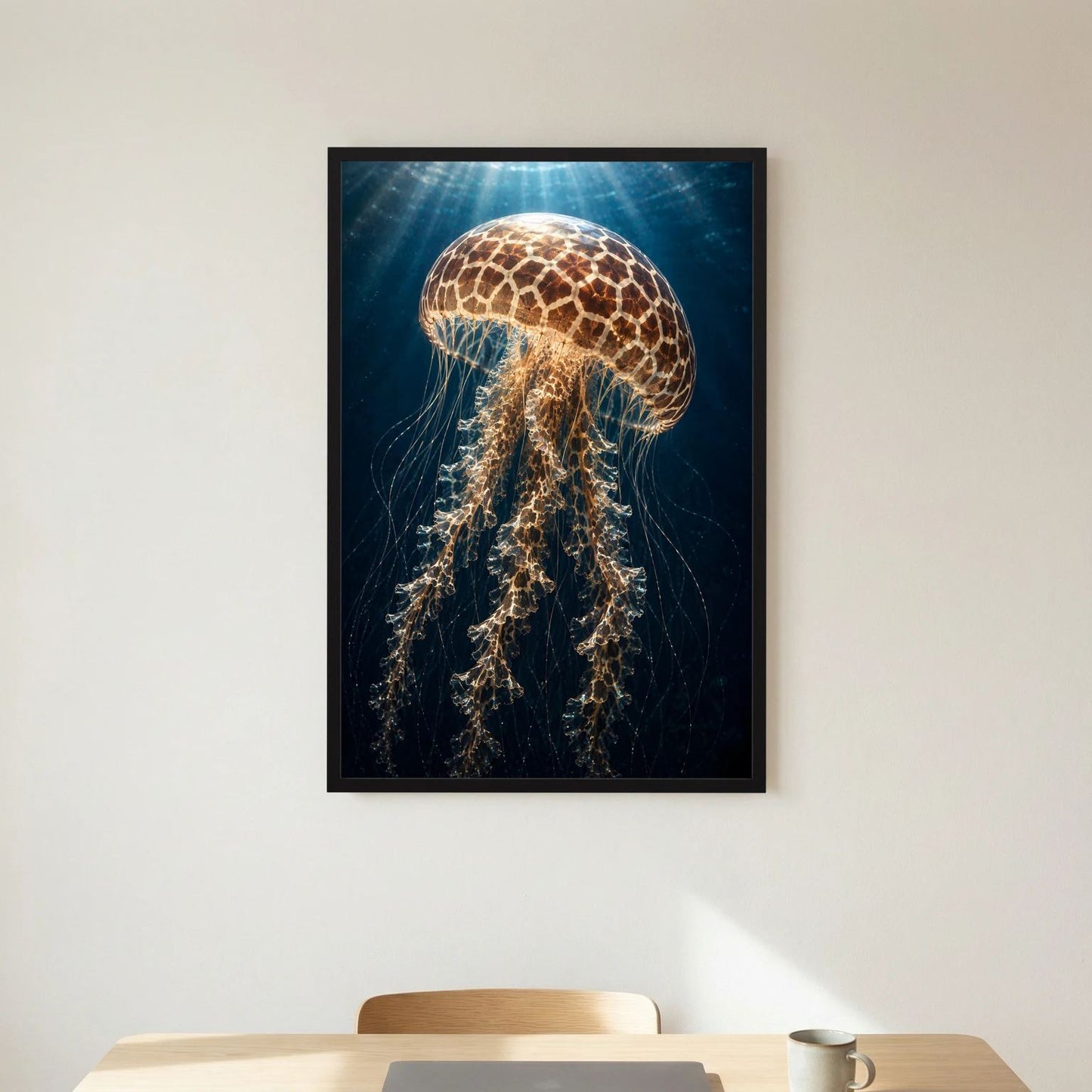Poster im Hochformat mit leuchtender Qualle, schwarzer Rahmen