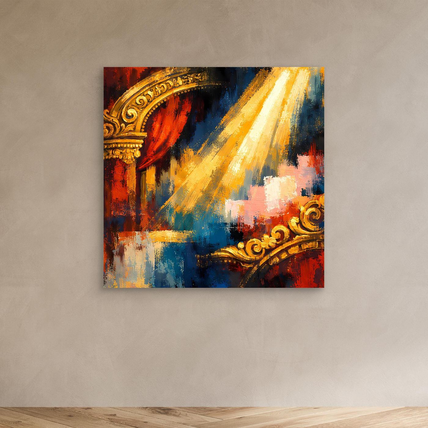 Abstraktes Leinwand-Wandbild mit goldener Theaterbogen-Optik, roten Vorhängen und gelben Lichtstreifen