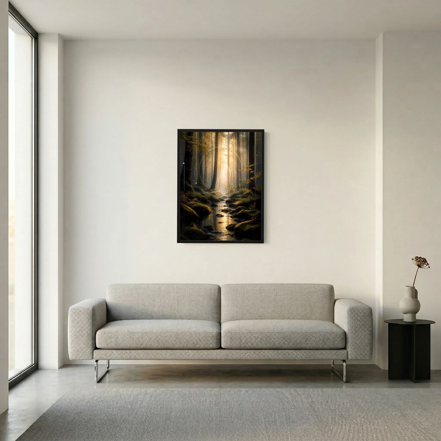 Hochformat-Poster mit Waldlandschaft, Bach im Zauberwald und goldener Lichtstimmung, schwarzer Rahmen