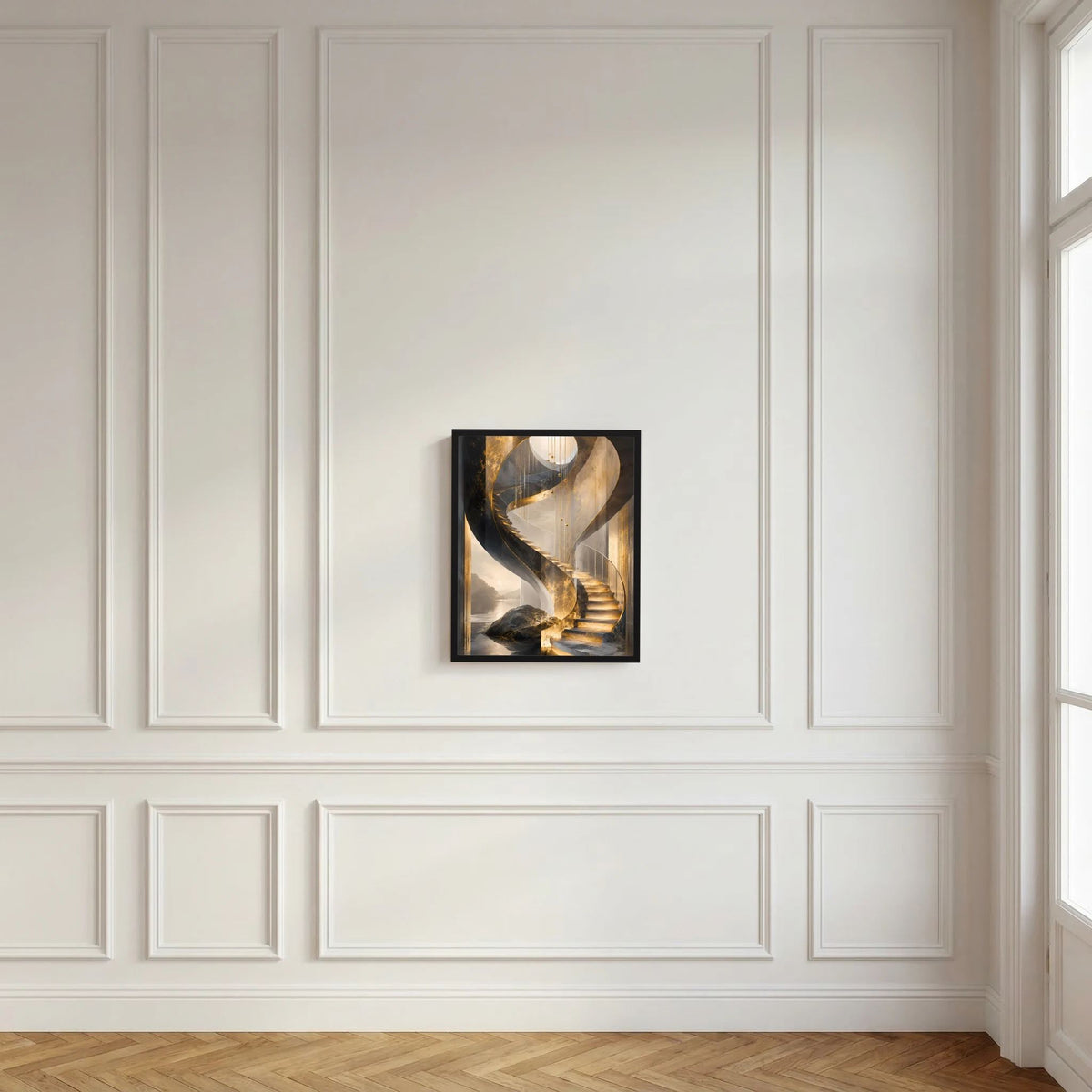 Gerahmtes Hochformat-Poster mit goldener Spiraltreppe, Kontraste in Schwarz und Creme