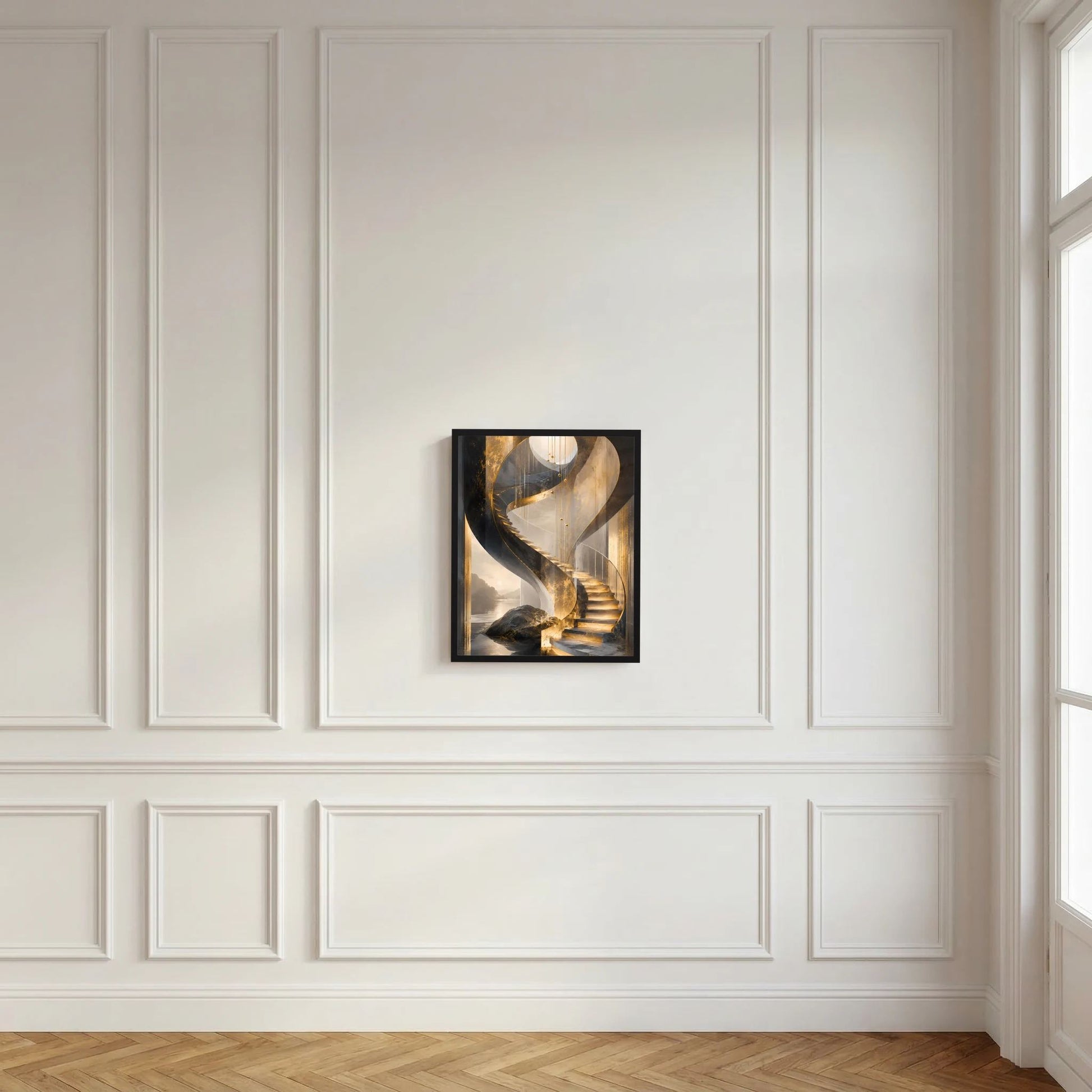 Gerahmtes Hochformat-Poster mit goldener Spiraltreppe, Kontraste in Schwarz und Creme