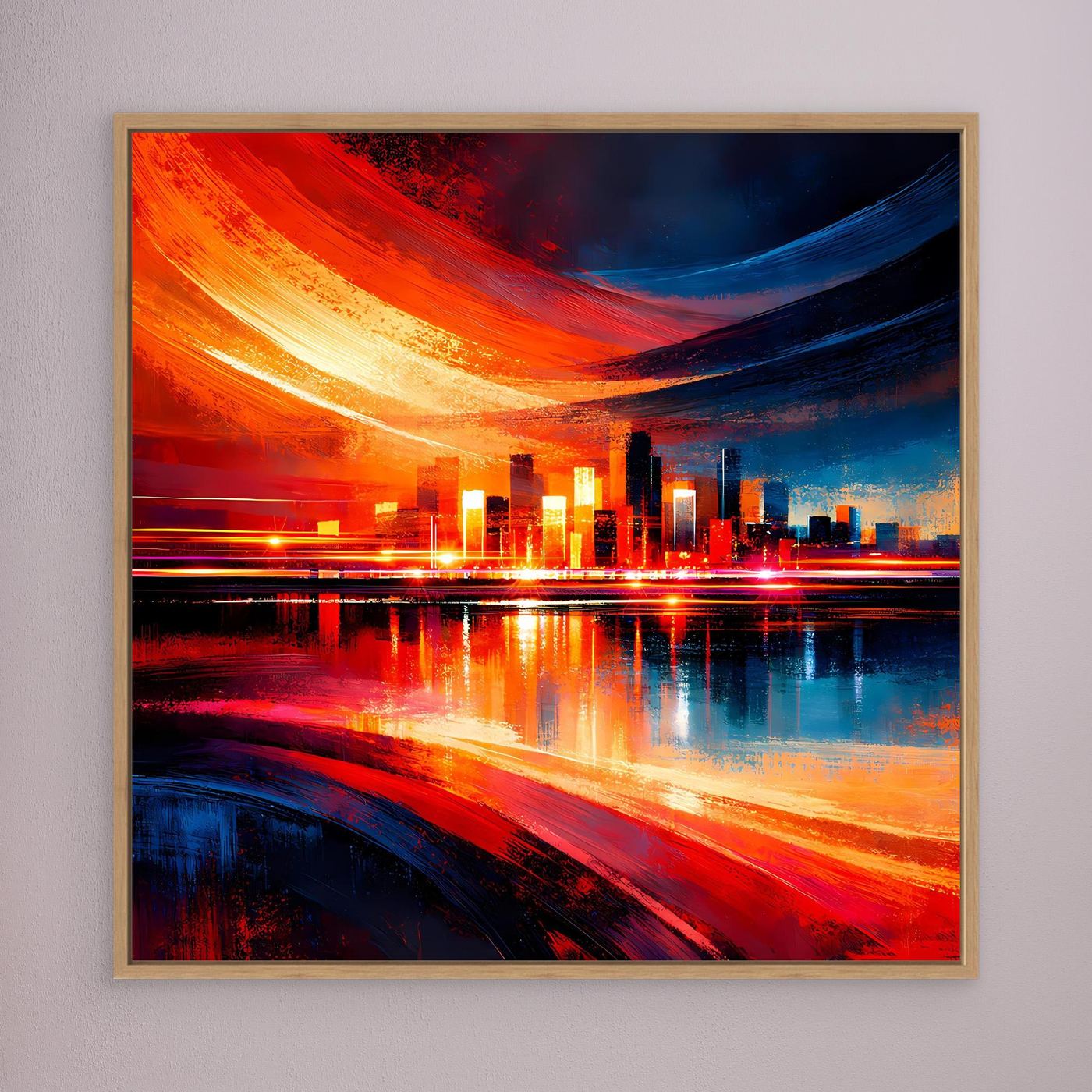 Leinwandbild mit abstrakter Skyline, rote und blaue Lichtspuren, Holzrahmen (Eiche)