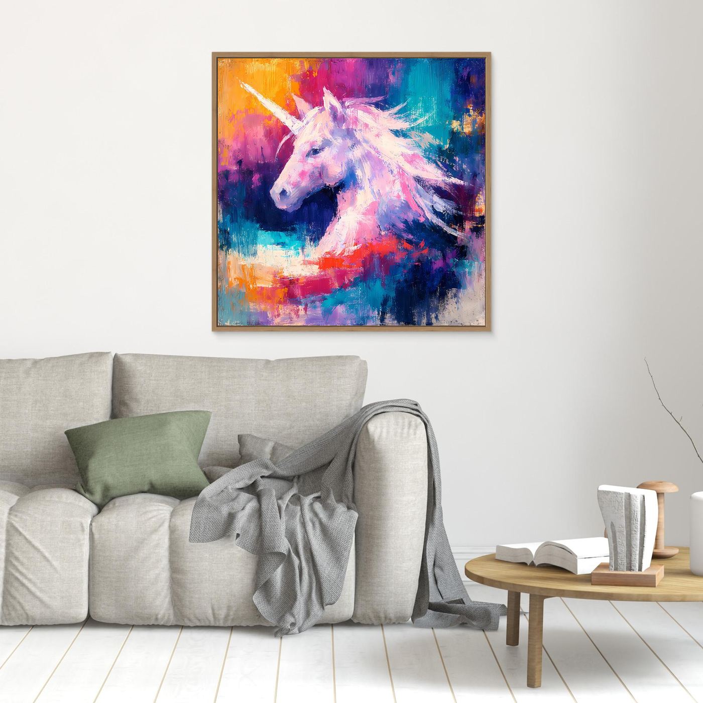 Leinwand Elegantes Einhorn im Farbenmeer | Abstraktes Fantasy & Pastell Wandbild