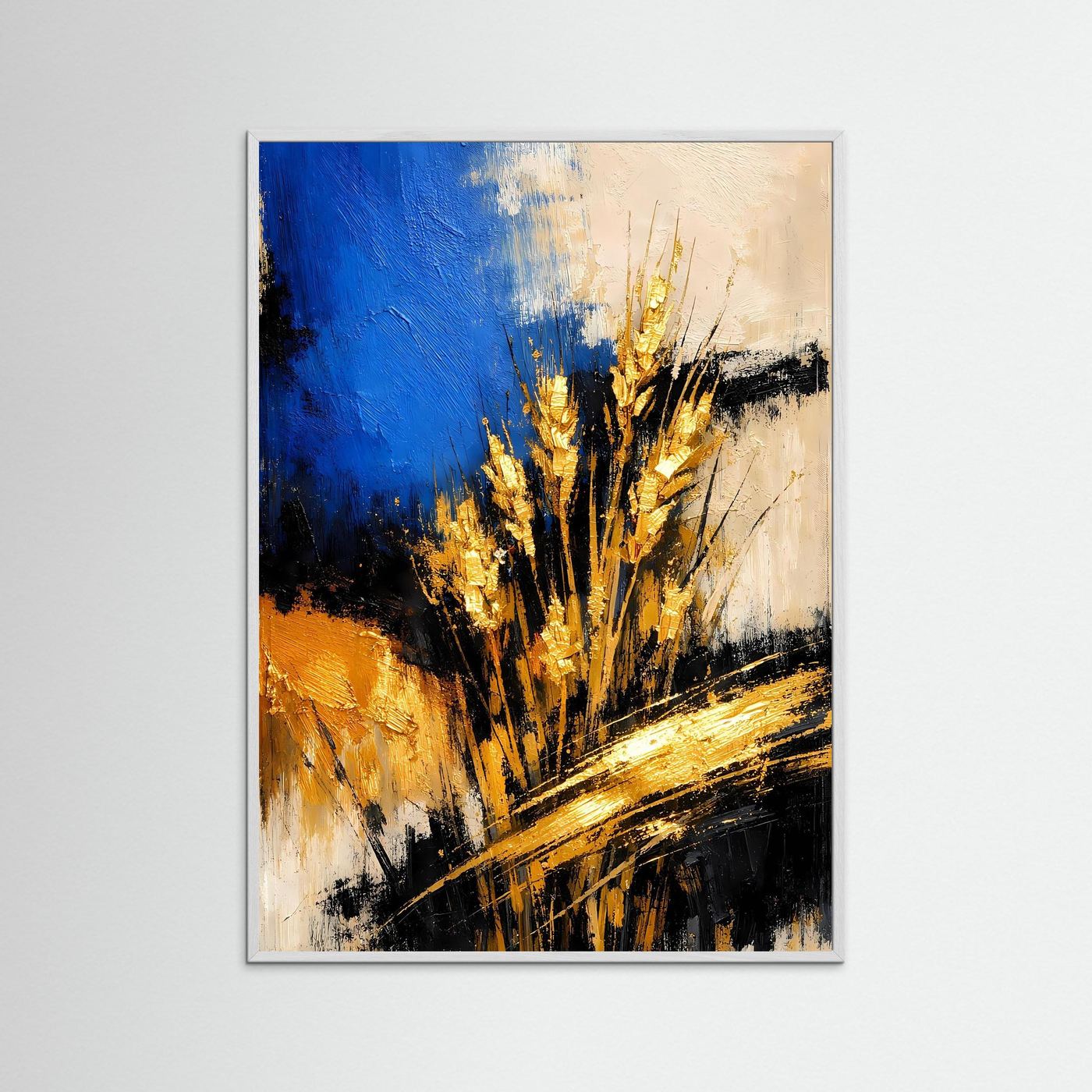 Abstraktes Poster mit goldenen Ähren im weißen Rahmen, Blau-, Beige- und Schwarz