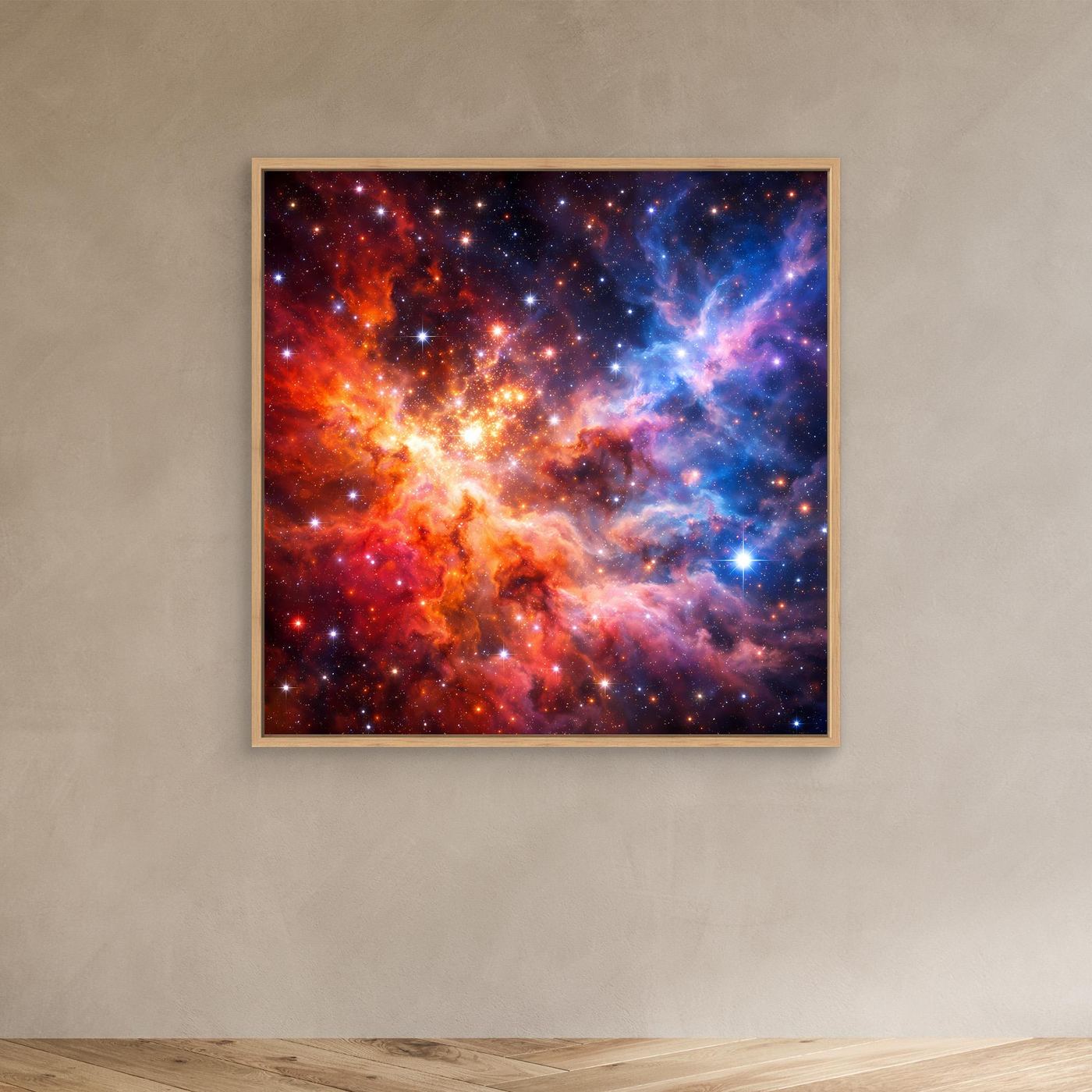 Leinwandbild mit buntem kosmischem Nebel und Sternen, kleiner rechteckiger Druck, Eichenrahmen