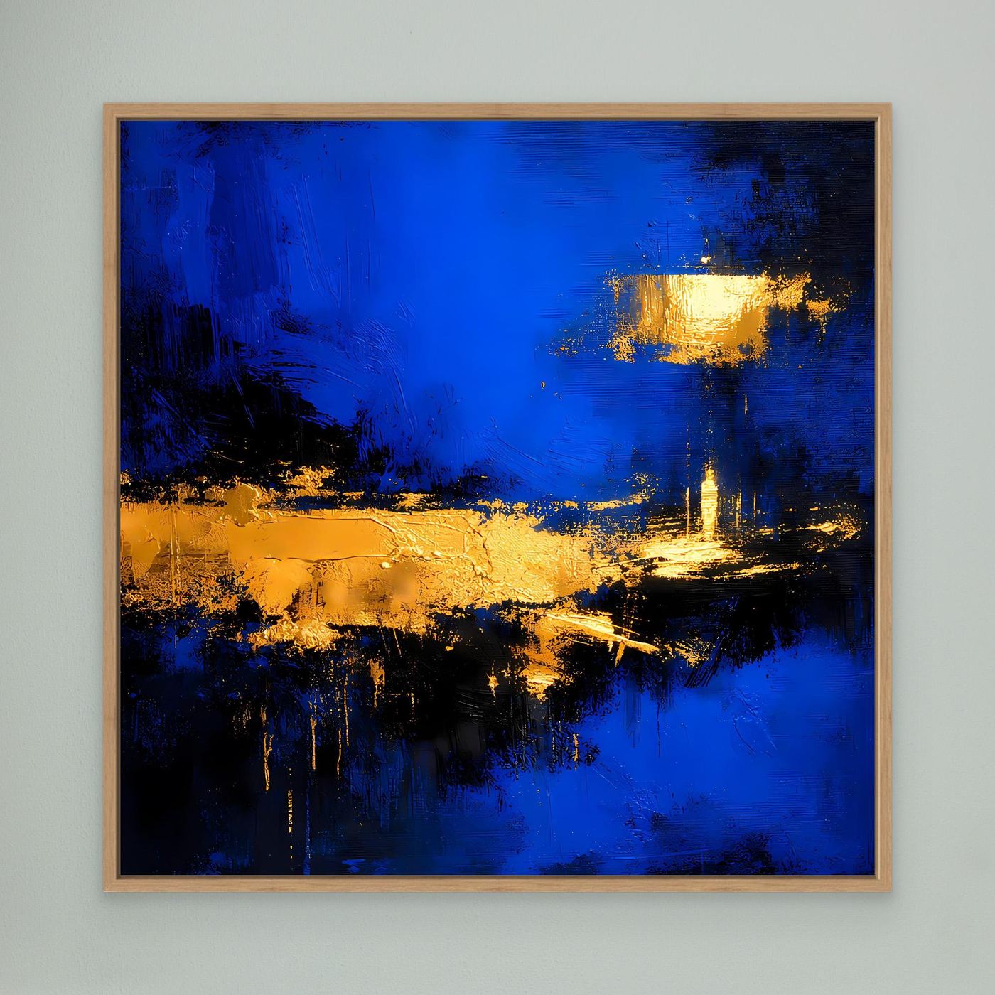 Leinwand Abstrakte Meereslandschaft bei Nacht | Modernes Küsten Wandbild in Blau und Gold